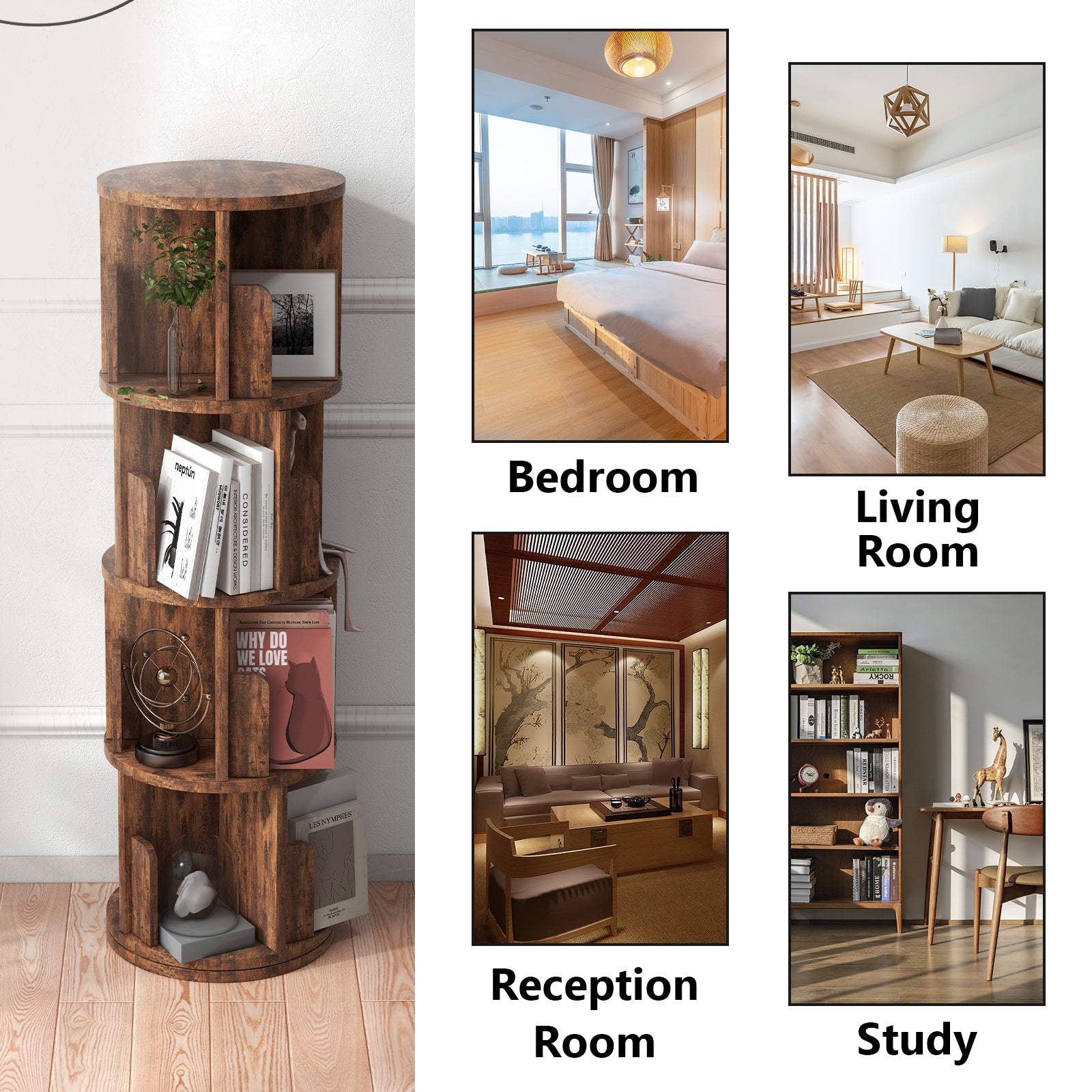 4 Tier Rotating Bookshelf, 360° Rotating Wood Floor Standing Bookcase, Freestanding Storage Shelf, Swivel Bookshelf Display Rack, Brown