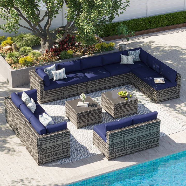 Clouddwell 14 Piece Patio Furniture Set Wicker Rattan Patio Conversation Set Outdoor Sectional Sofa Set with Coffee Table and Blue Cushions(Waterproof Cover Included)