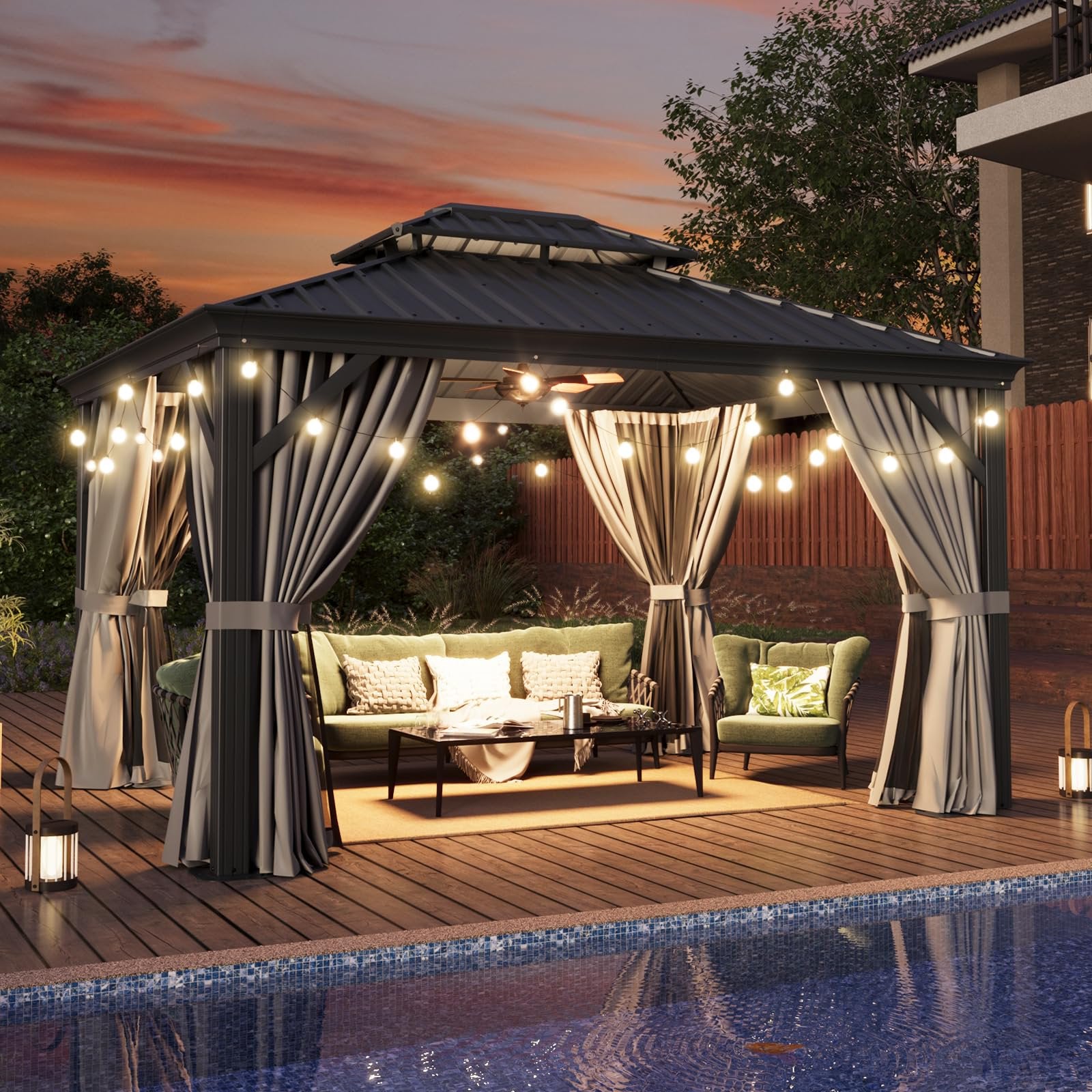 10' x 12' Hardtop Gazebo, Galvanized Steel Double Top, Permanent Aluminum Gazebo, Outdoor Metal Gazebo with Privacy Curtains and LED Outdoor Waterproof Hanging Lights, for Party, Garden, Deck