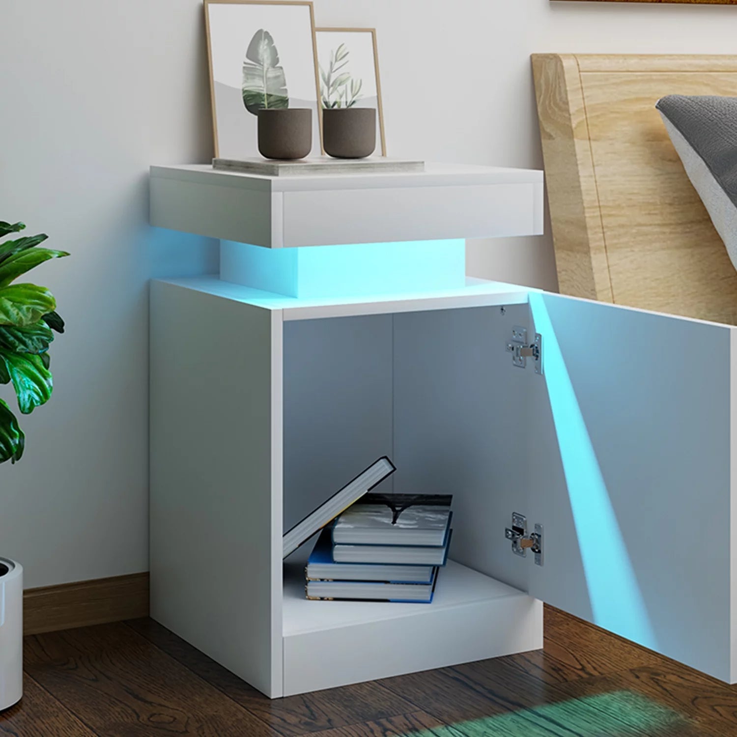 Set of 2 Nightstand, White, with 24 Color LED Lights