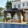 Clouddwell 12'x12' Hardtop Gazebo - Polycarbonate Double Roof with Netting & Curtains for Patio, Garden Sun Protection,Browm