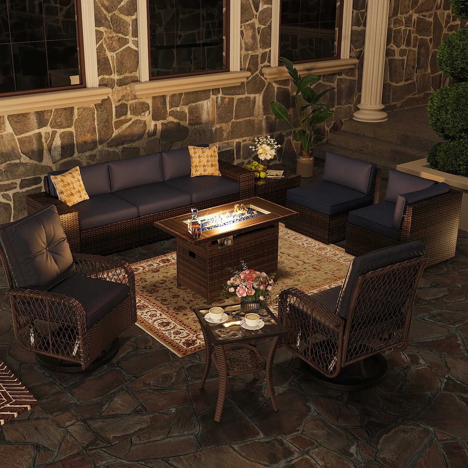 10pcs Outdoor Patio Furniture Sets with Fire Pit Table, PE Rattan Wicker Conversation Sofa Set with Swivel Chairs and Coffee Table for Lawn, Backyard,Balcony, Blue