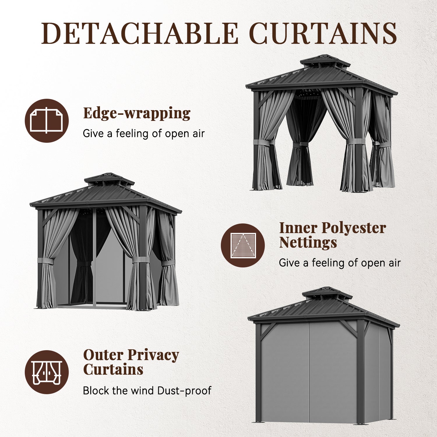 8' x 8' Outdoor Hardtop Gazebo, Galvanized Double Roof Canopy Gazebo,Aluminum Frame Permanent Pavilion with Mosquito Net and Privacy Curtain for Garden, Patio, Gray