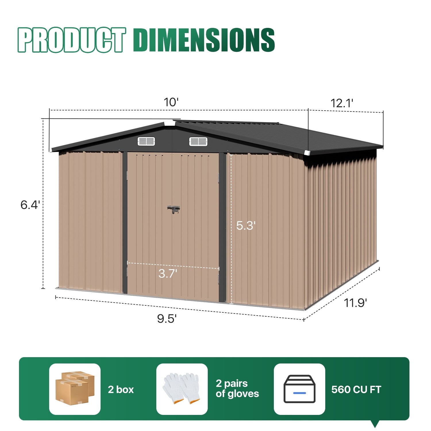 Clouddwell 10x12 ft. Metal Storage Shed, Waterproof Steel Garden Shed with Lock, Brown