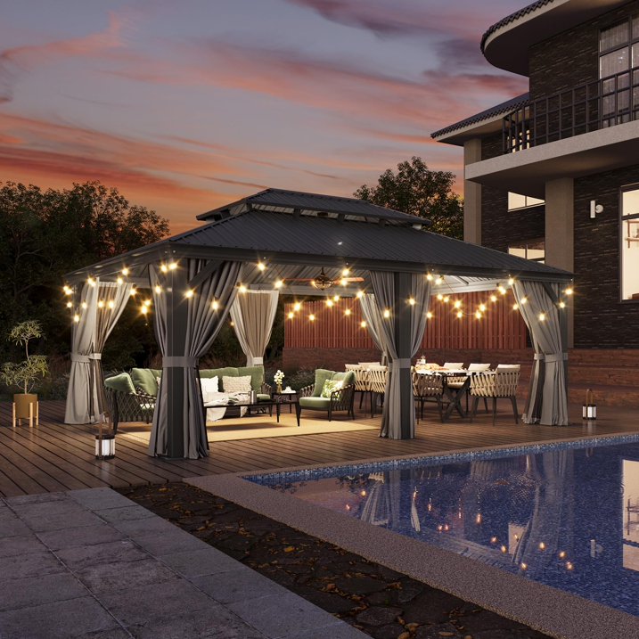 14' X 20' Hardtop Gazebo with Drainage System, Aluminum Outdoor Gazebo with Galvanized Steel Double Roof, Patio Permanent Metal Gazebo Pavilion with Netting, for Garden, Deck, Grey