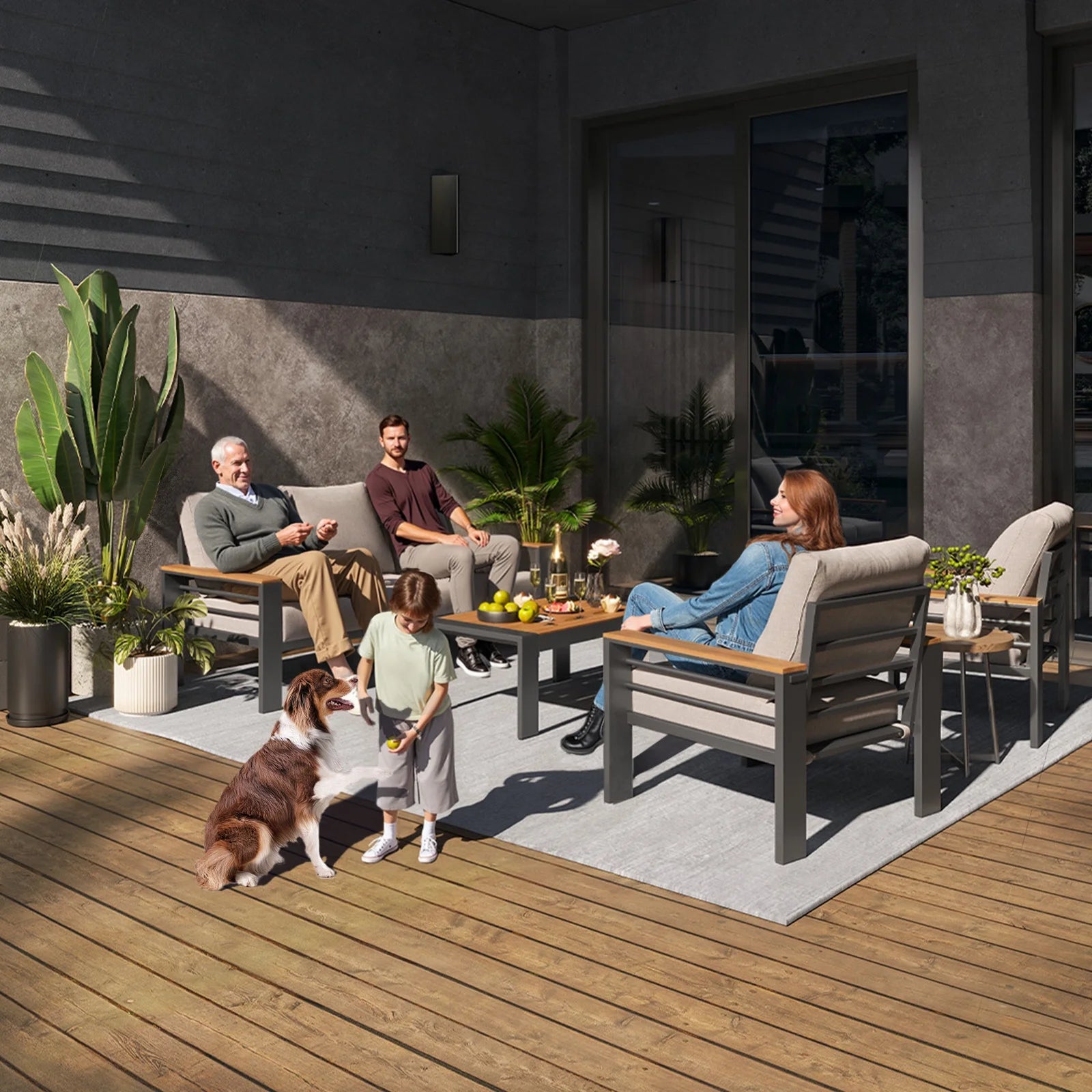 7 Seats Outdoor Patio Sectional Set with Coffee Table & Cushions - Aluminum Furniture for Backyard, Garden, Poolside (Light Grey)