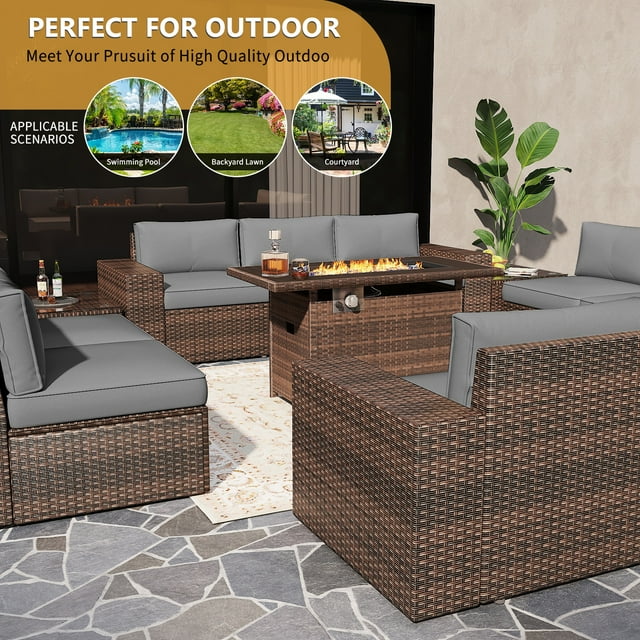 13pcs Outdoor Patio Furniture Sets with Fire Pit Table, PE Rattan Wicker Conversation Sofa Set with 2 Coffee Table for Lawn, Backyard,Balcony, Gray