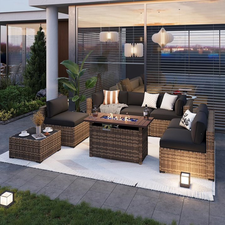 Aoxun 8 Piece Patio Furniture Set with 44” Fire Pit Table Wicker Rattan Outdoor Sectional Sofa Set with Coffee Table and 4” Thickened Cushions, Black (Waterproof Cover Included)