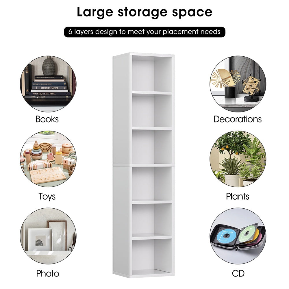 6 Tier Standard Bookcase, 71.5" Tall Wooden Storage Book Shelf for Home Office and Bedroom, White