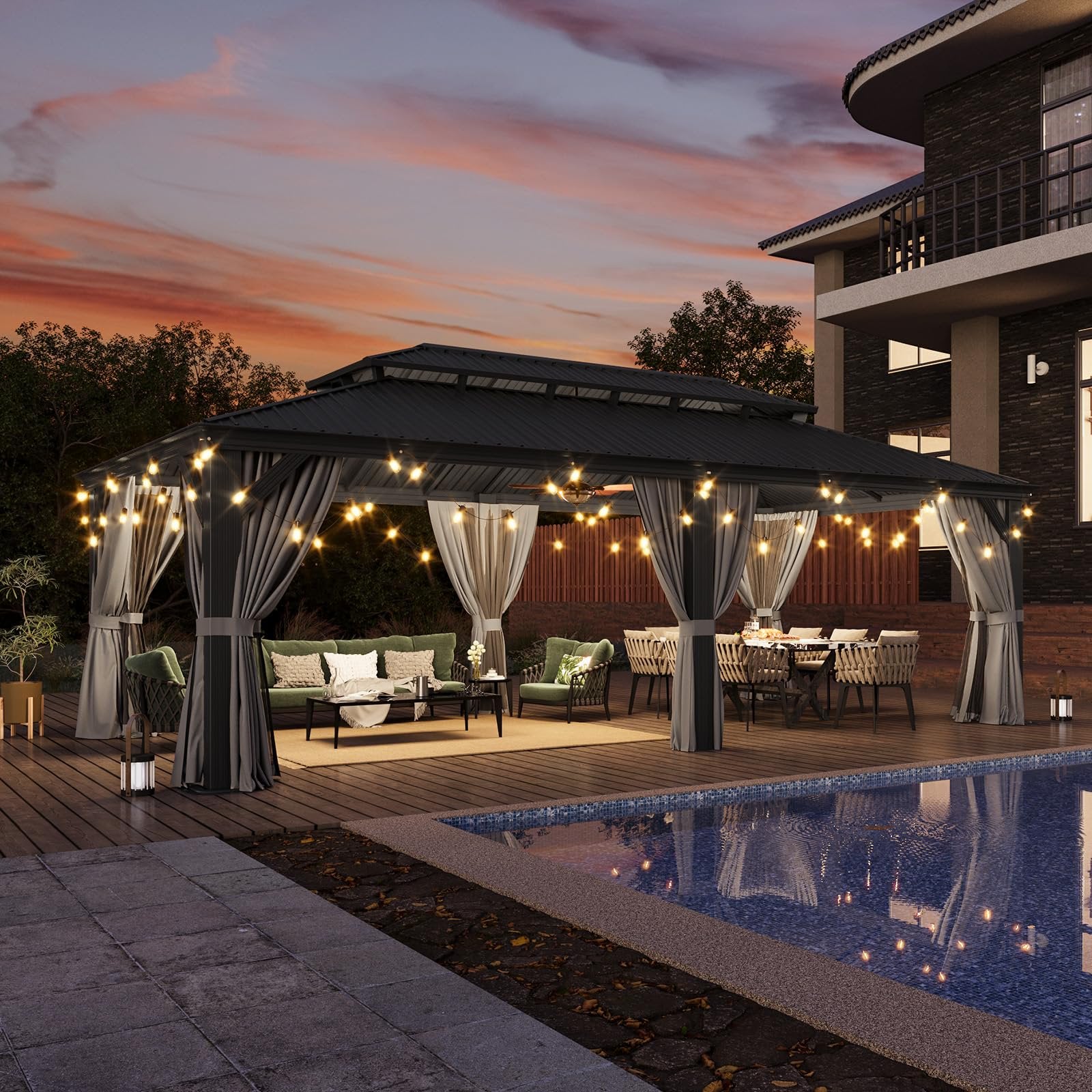 12' X 24' Hardtop Gazebo with Drainage System, Aluminum Outdoor Gazebo with Galvanized Steel Double Roof, Patio Permanent Metal Pavilion with Netting, for Garden, Deck, Grey