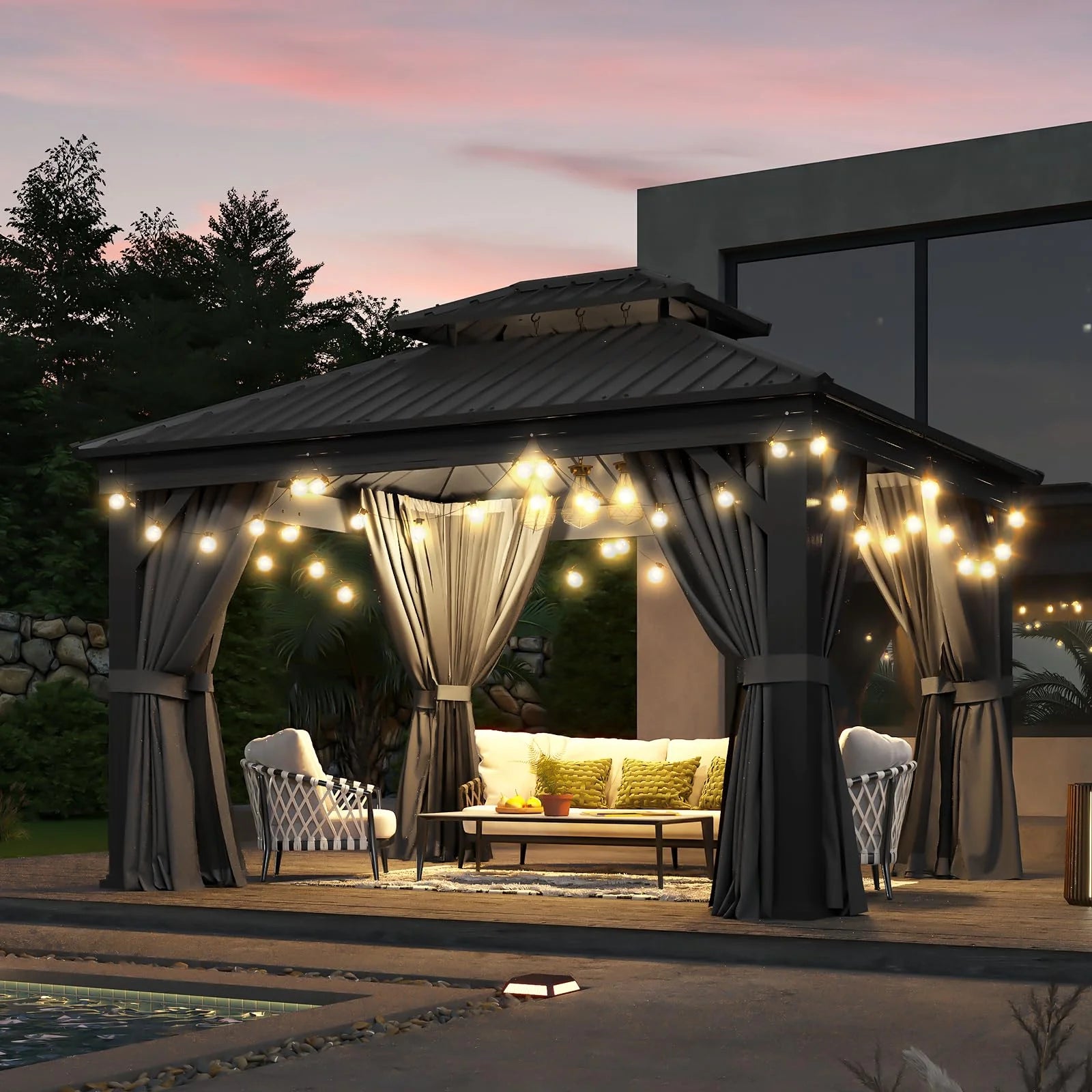 10' X 12' Hardtop Gazebo, Aluminum Outdoor Gazebo with Galvanized Steel Double Roof Canopy, Permanent Metal Gazebo with Curtain and LED Outdoor Waterproof Hanging Lights, Square Foundation