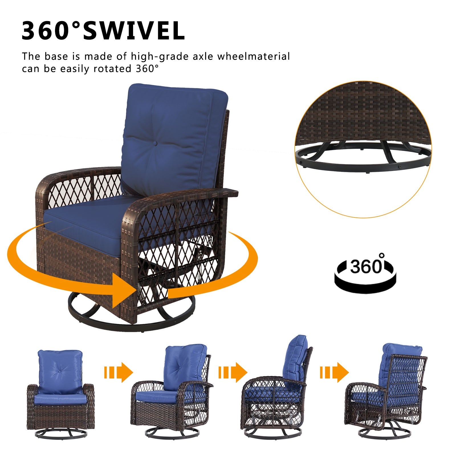 3 Pcs Patio Furniture Set, 360 Degree Swivel Rocking Chairs, Wicker Bistro Set with Glass Top Side Table, Beige