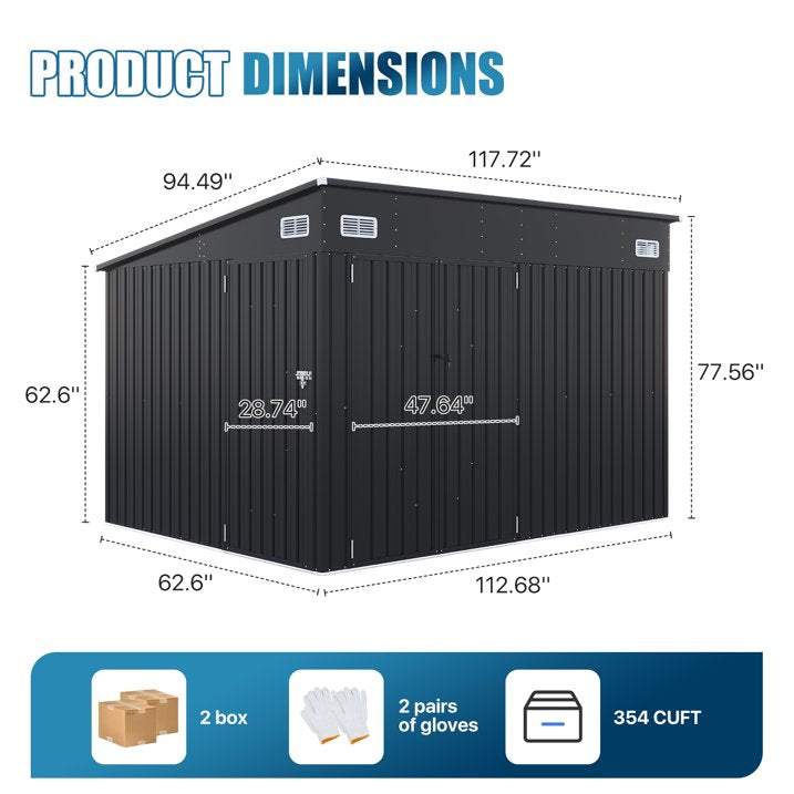 10' x 8' Metal Storage Shed with Triple Doors, Lockable Lean-to Design & Vents, Black
