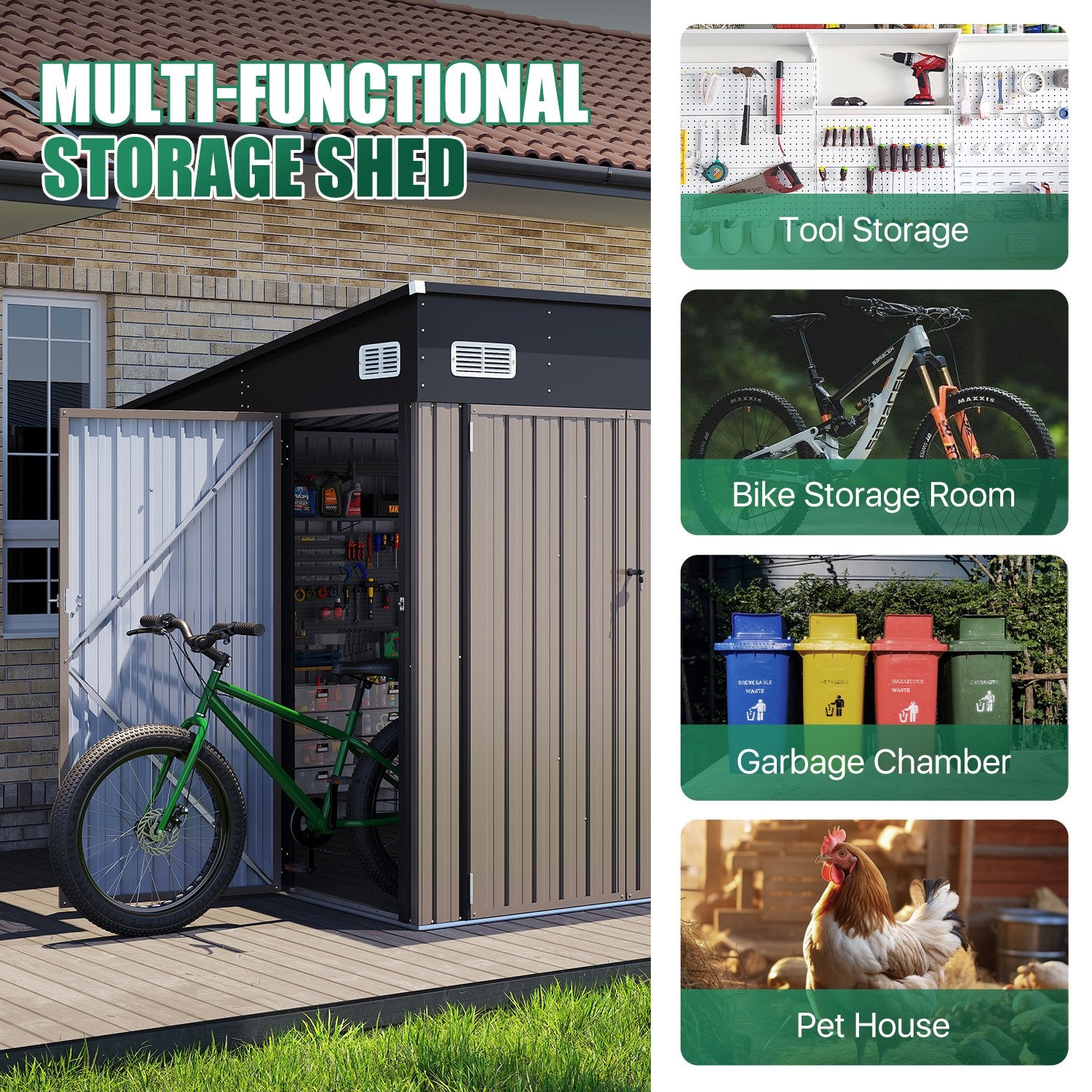 Clouddwell 10ft x 8ft Heavy-Duty Metal Storage Shed with 3 Doors, Lockable Lean-To Design, Weatherproof for Garden & Tools (Brown)