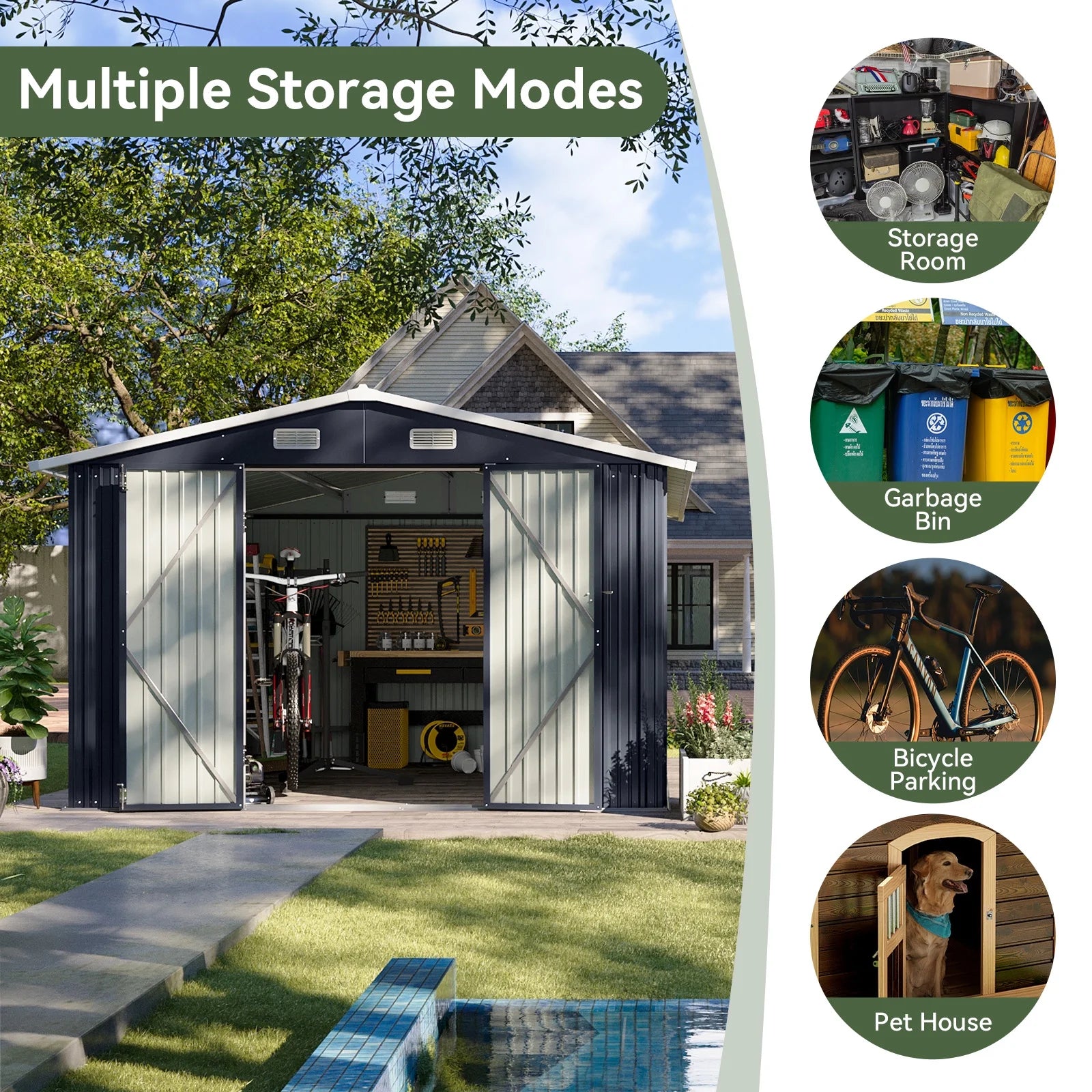 11.9x9.5 ft Outdoor Storage Shed, Galvanized Metal Shed with Lockable Door, Air Vents for Garden, Backyard, Black