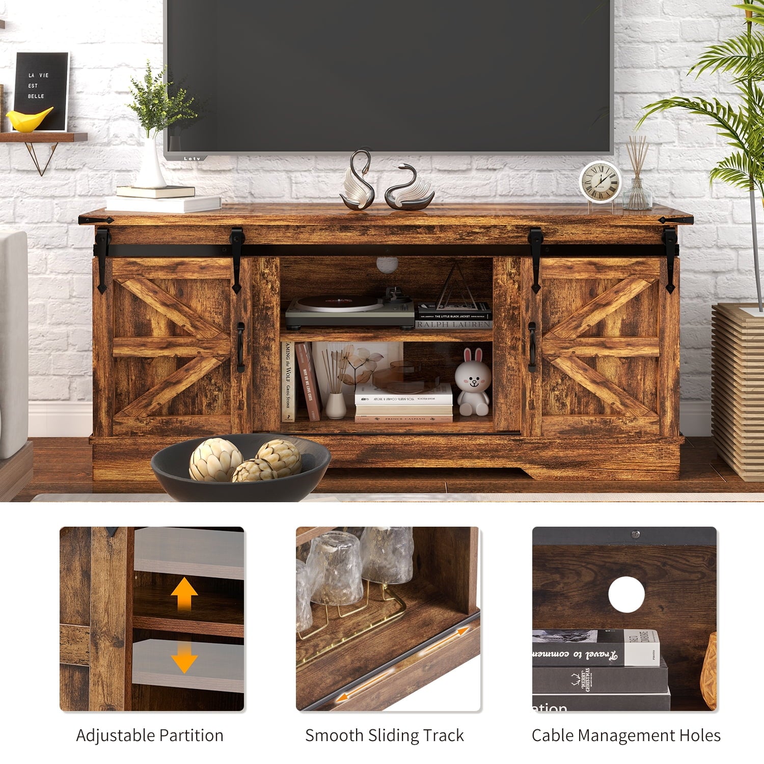 2-Piece Farmhouse Table Set Includes 58" Sliding Barn Door TV Stand and 39" Coffee Table with Large Capacity Space, Retro Brown Tables for Living Room, Bedroom(Brown)