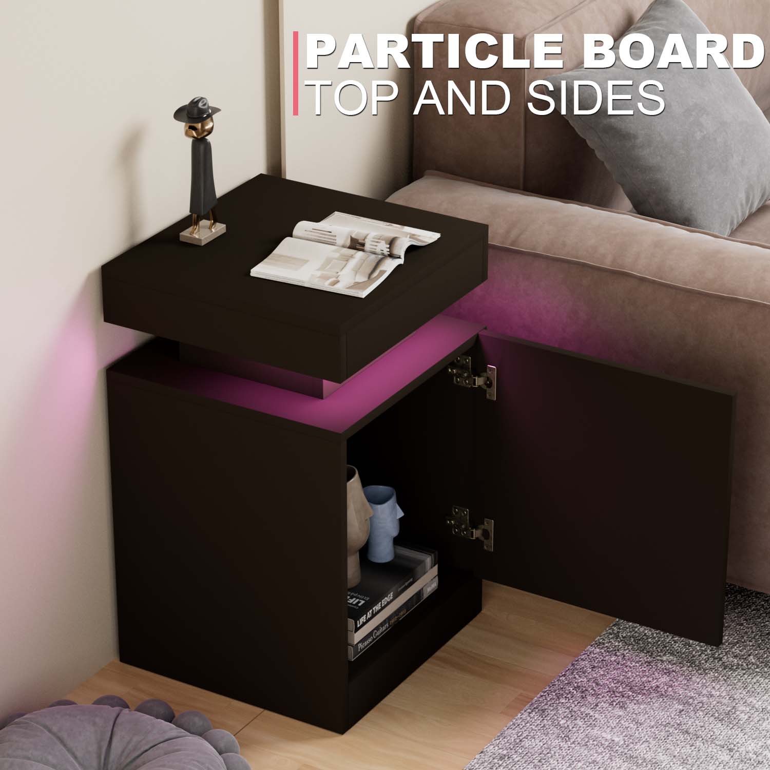 2 Pcs Nightstand with Led Lights, Black, Suitable for Bedroom, Sofa Side