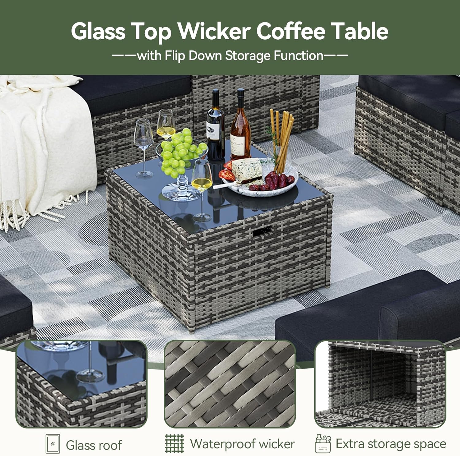 Aoxun 8 Piece Patio Furniture Set, Wicker Outdoor Furniture Set with Storage Box and Glass Top Table, Patio Sectional Set with Thickened Cushions and Include Waterproof Cover