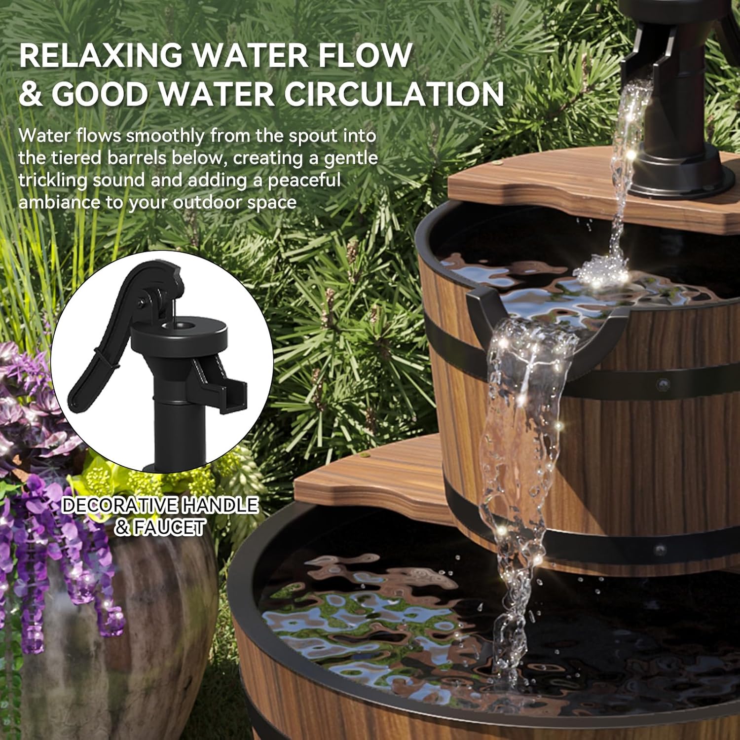 Outdoor Water Fountain, Wood Barrel Cascading with Electric Decorative Hand Pump, Rustic Waterfall Fountain for Garden, Backyard, Patio, Porch, Yard