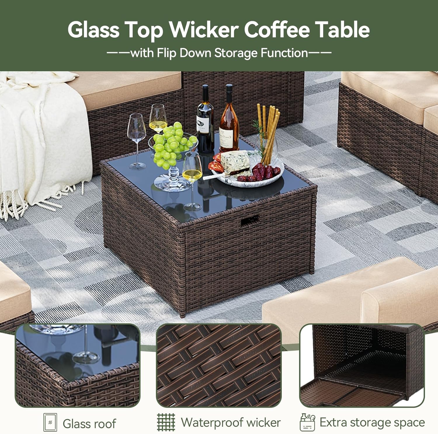 Aoxun 8 Piece Patio Furniture Set, Wicker Outdoor Furniture Set with Storage Box and Glass Top Table, Patio Sectional Set with Thickened Cushions and Include Waterproof Cover
