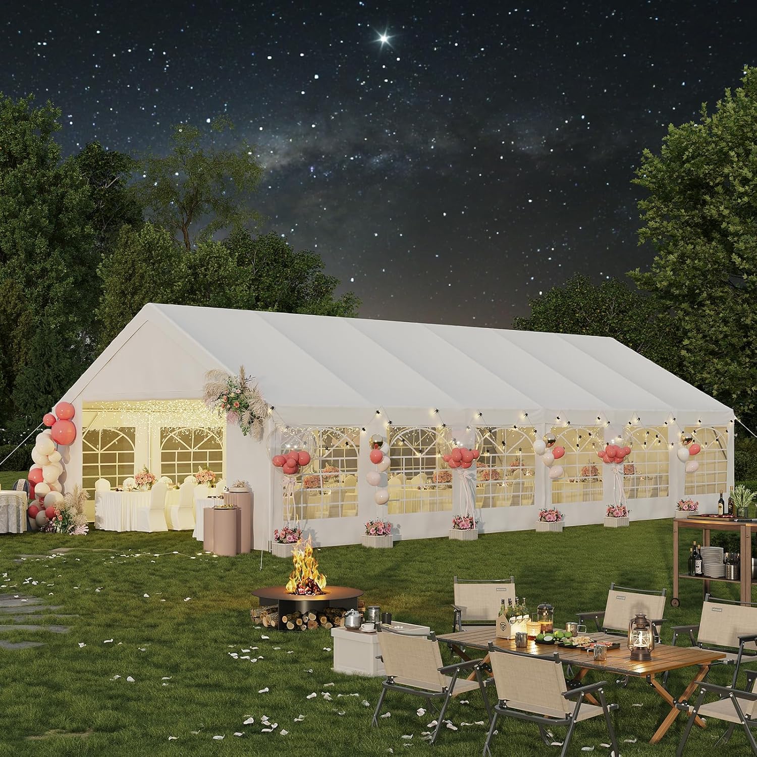 Aoxun Party Tent Canopy for Weddings Waterproof Event Tent with Removable Sidewalls &Roll-up Door, Heavy-Duty Steel Frame for Outdoor Weddings, BBQ, Birthday Parties, & Camping,White