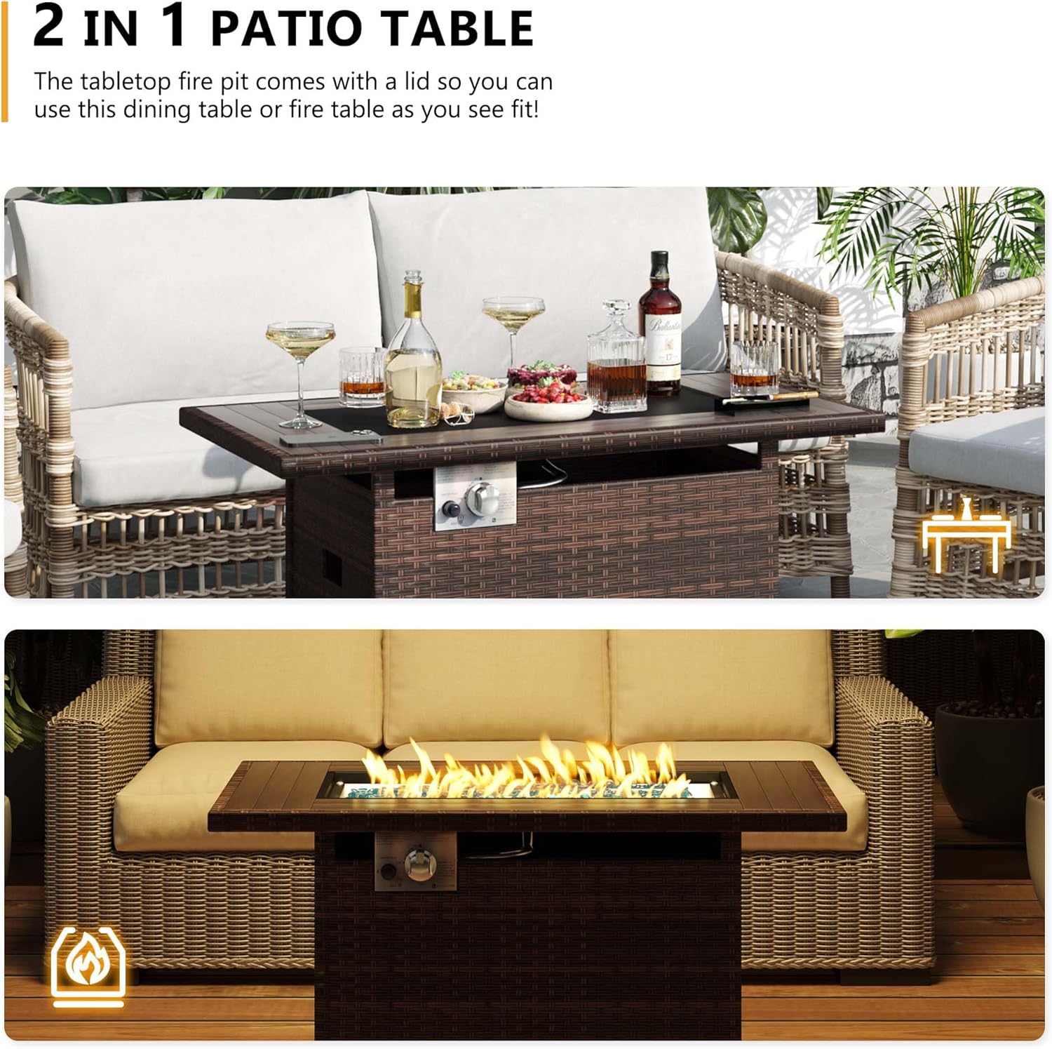 Aoxun 44" Propane Fire Pit with Storage 60,000 BTU Outdoor Wicker Fire Table CSA Certified Patio Rectangular Gas Fire Pit Table with Firepit Lid and Waterproof Cover