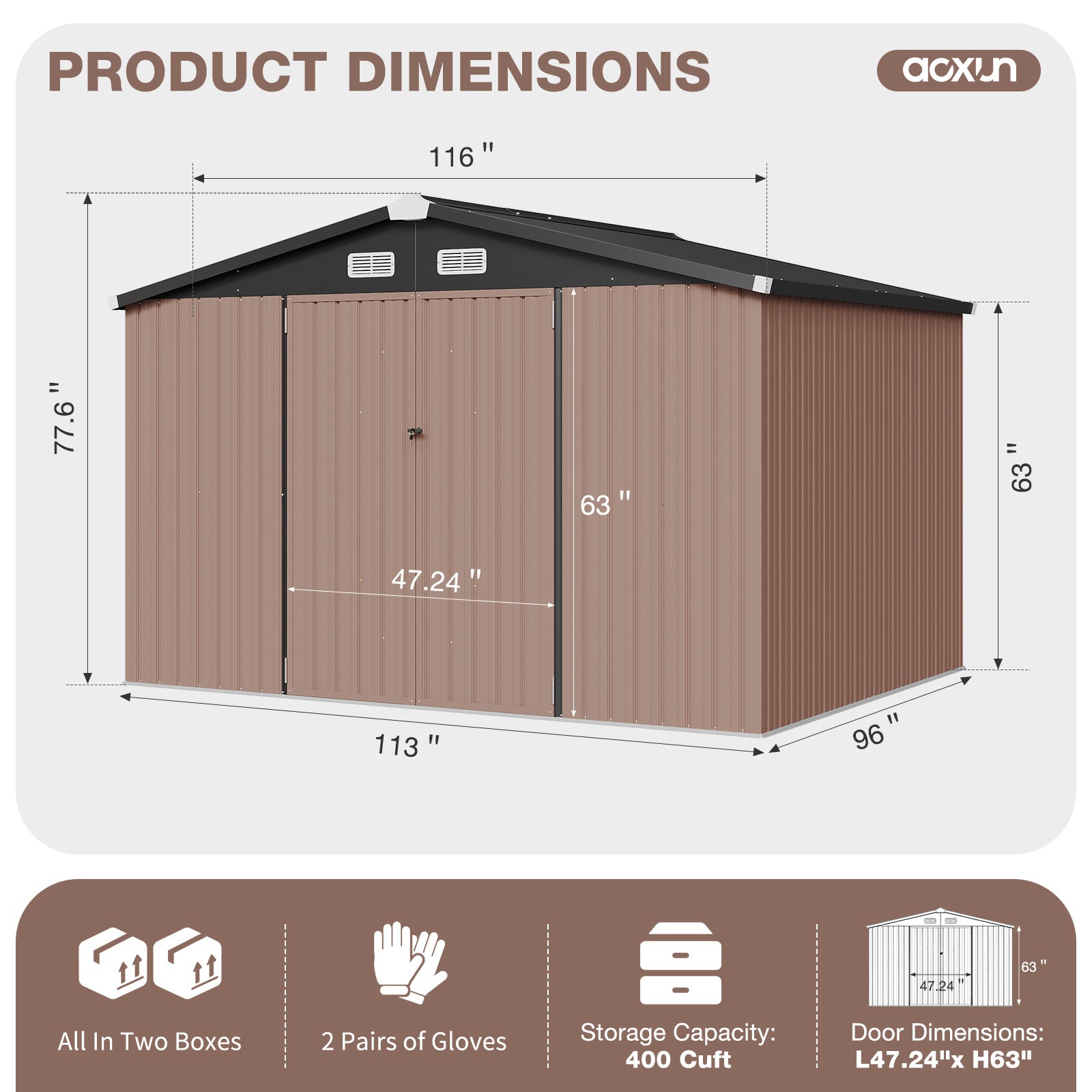 Aoxun Outdoor Storage Shed with Floor - 10x8 FT Metal Shed with Lockable Doors & Air Vents, Waterproof Outside Storage Shed for Tool, Garbage Can, Bike, Mower, for Backyard Garden Patio, Brown