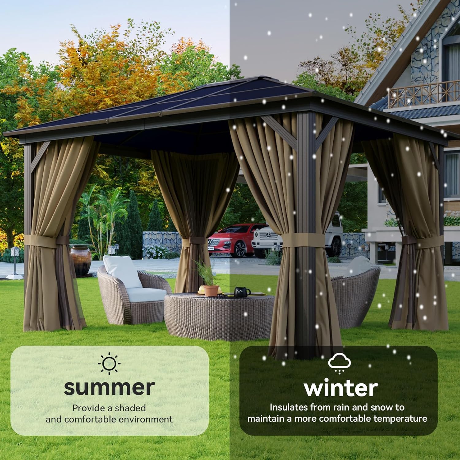 Aoxun 10' x 12' Gazebo Single Polycarbonate Top, Outdoor Aluminum Frame Permanent Gazebo with Curtains and Netting, for Patio, Party, Backyard, Garden and Lawn