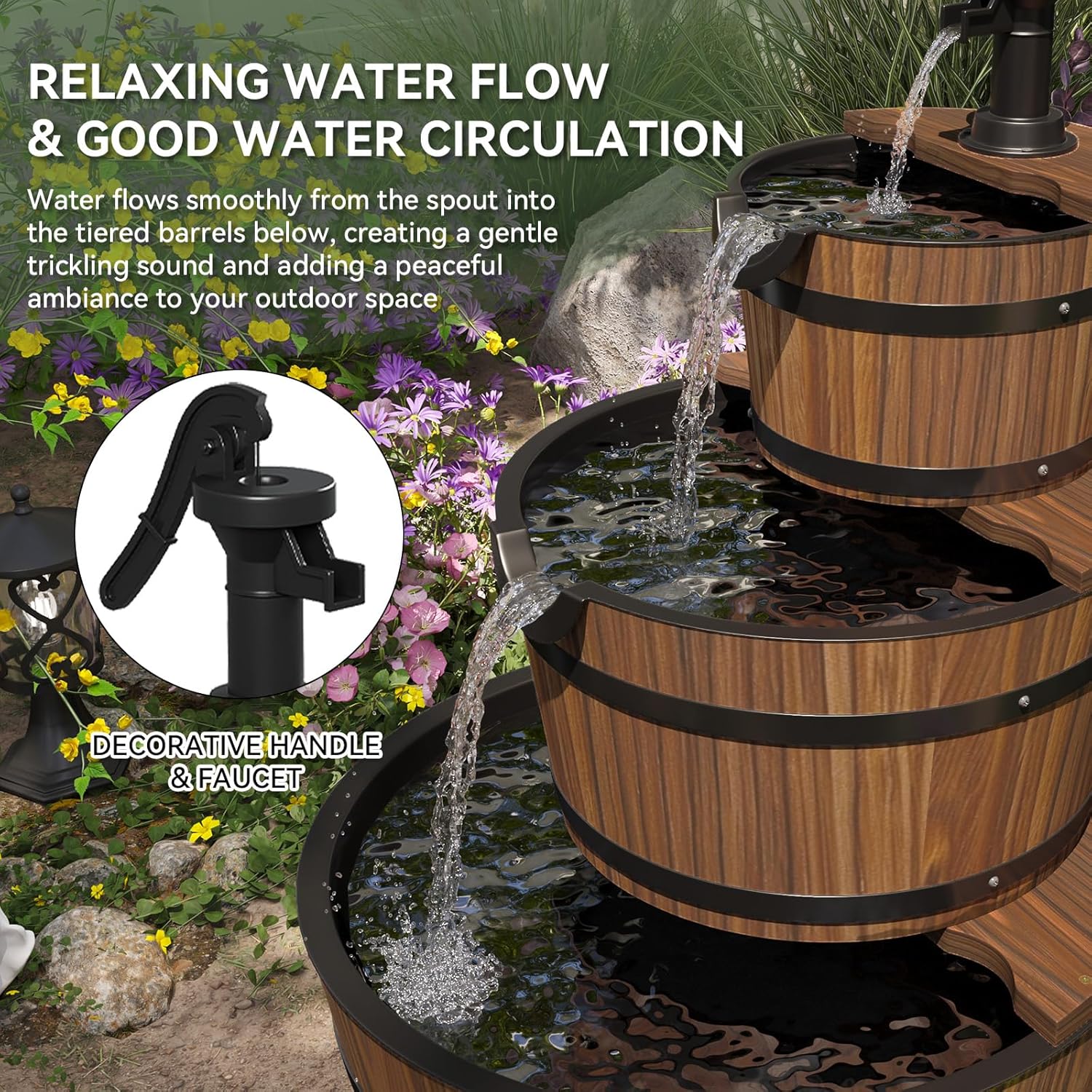 Outdoor Water Fountain, Wood Barrel Cascading with Electric Decorative Hand Pump, Rustic Waterfall Fountain for Garden, Backyard, Patio, Porch, Yard