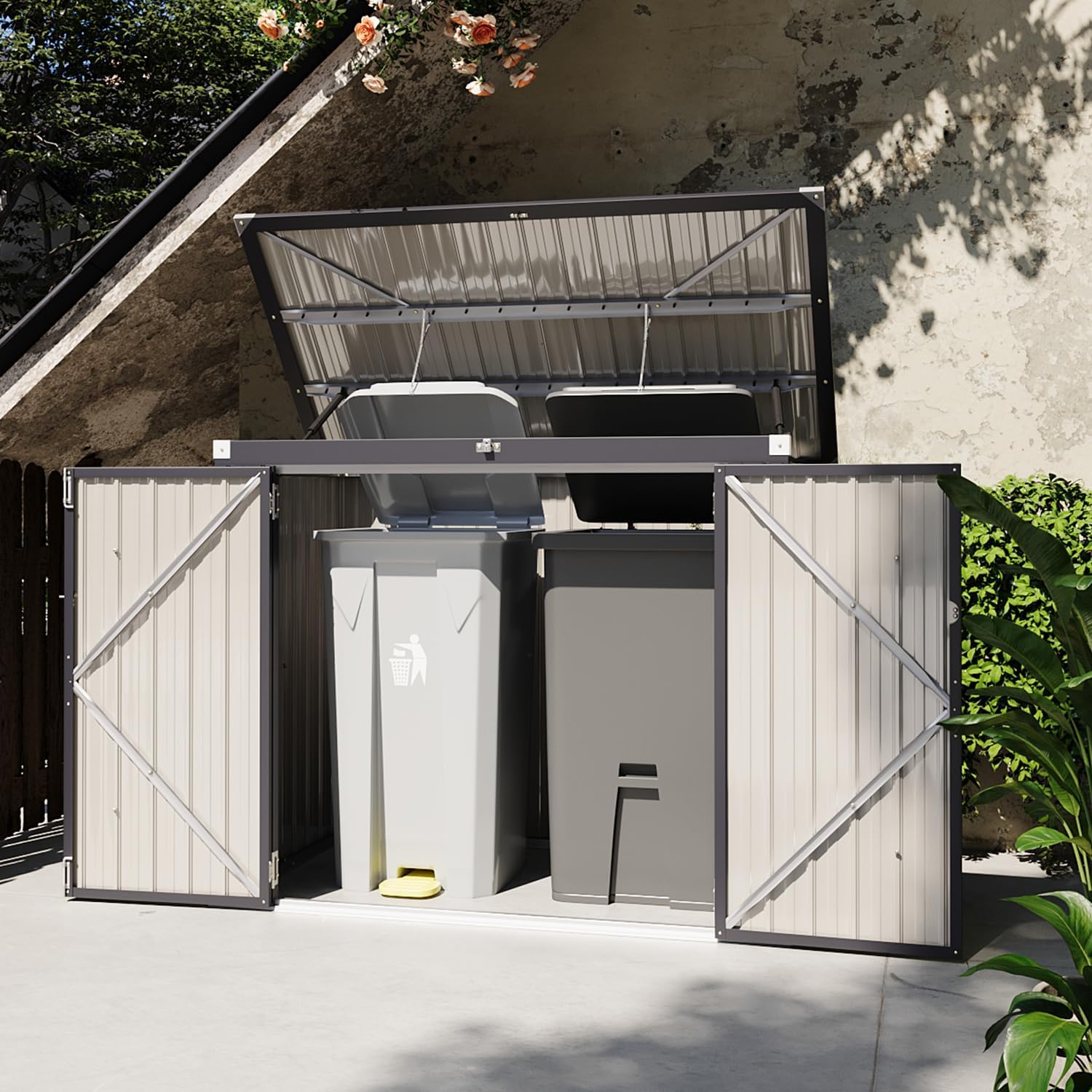 Aoxun 6' x 3' Outdoor Storage Shed Metal Trash Can Storage with Chain Lid Waterproof Outdoor Garbage Can Organizer, Ideal for 2 Trash Bins, Toys, Garden Tools (Black)