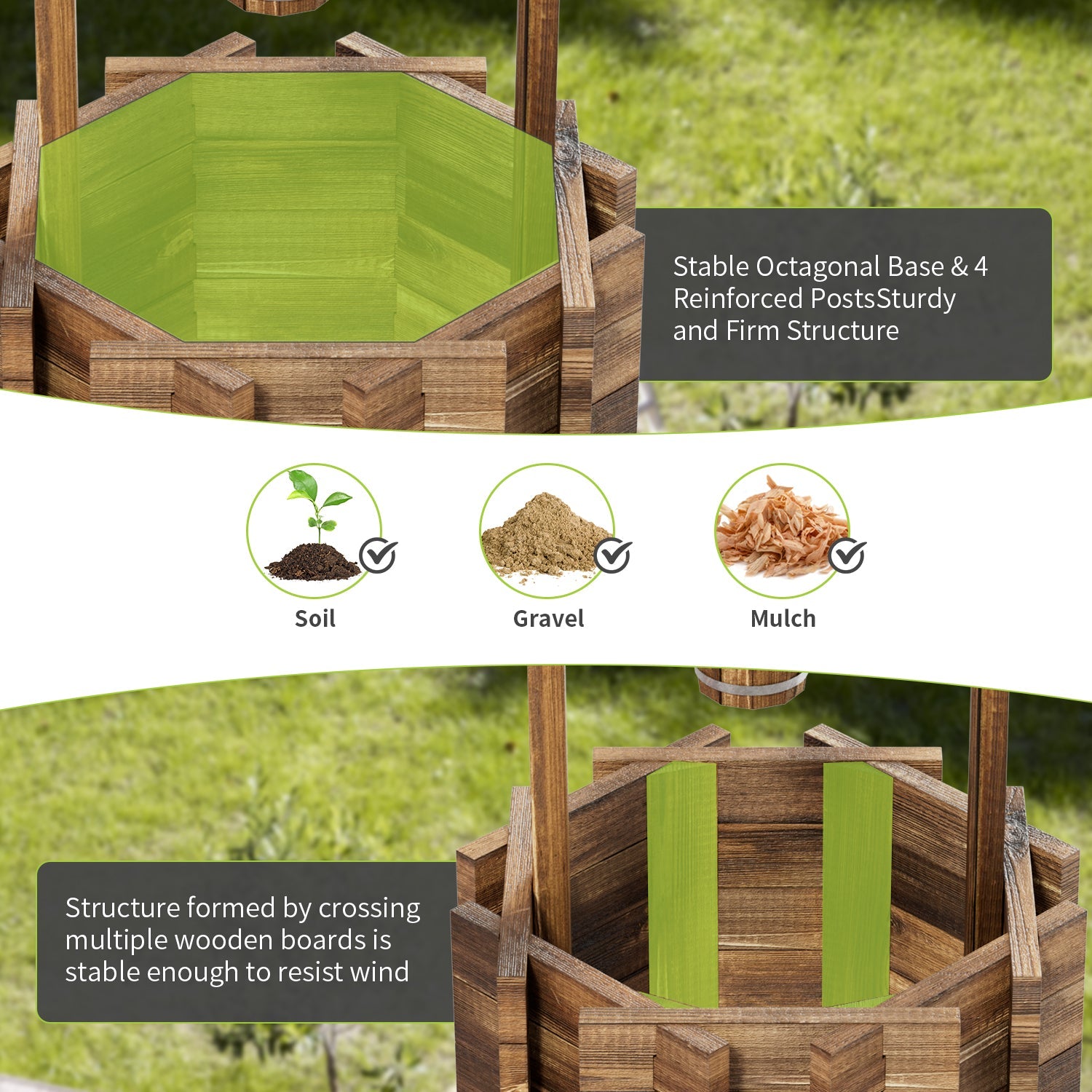 Hexagon Wooden Wishing Well Cover, Fake Well with Hanging Bucket (small size)