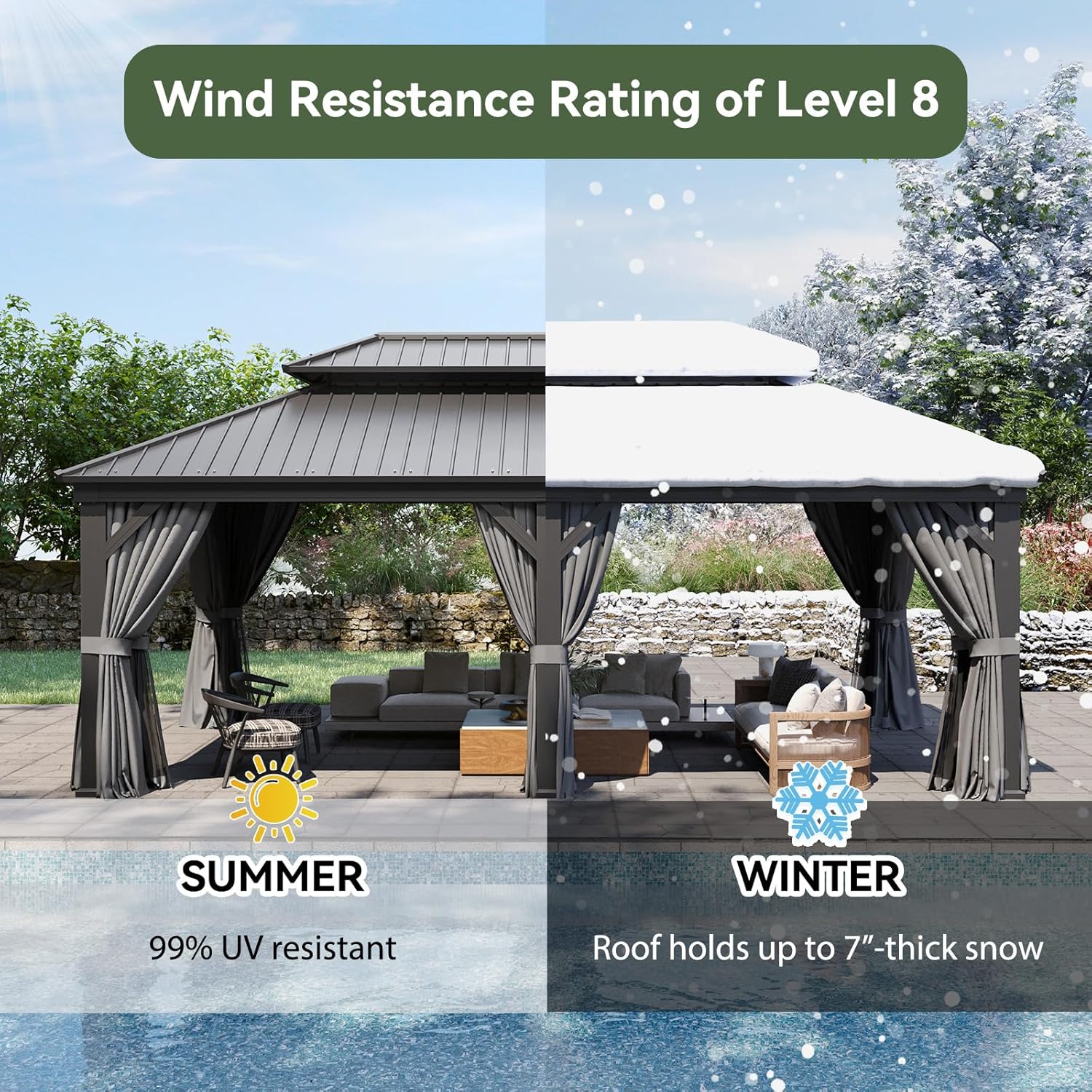 Aoxun 12' X 20' Hardtop Gazebo, Aluminum Outdoor Gazebo with Galvanized Steel Double Roof Canopy, Permanent Metal Pavilion with Privacy Curtain and Netting, for Poolside, Backyard, Square Foundation