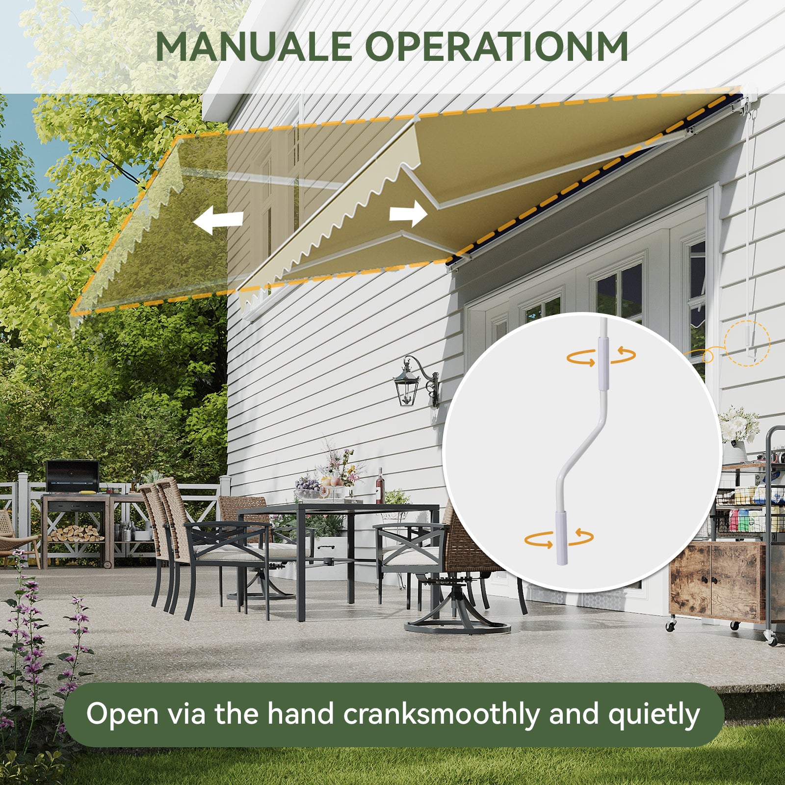 Aoxun Manual Retractable Awning for Outside 12x10 FT Outdoor Patio Sun Shades Canopy with Crank Handle Waterproof Polyester PA Coated Fabric for Backyard Deck Window Beige
