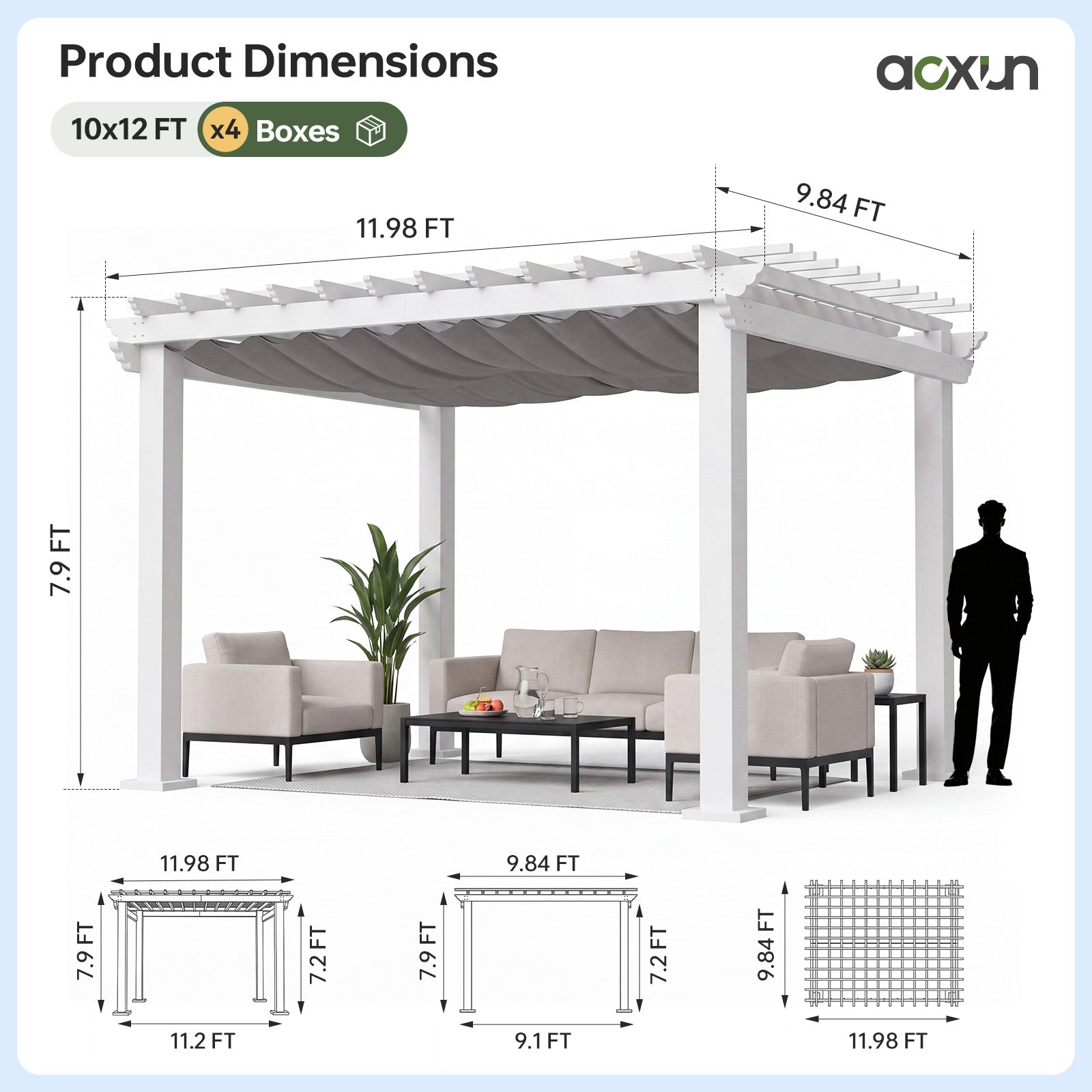 Aoxun 12' x 10' Outdoor Pergola with Trellis Roof & Adjustable Canopy,Aluminum Frame, All-Season Durability, High-Wind Rating, Shade for Patio, Deck, Garden, White
