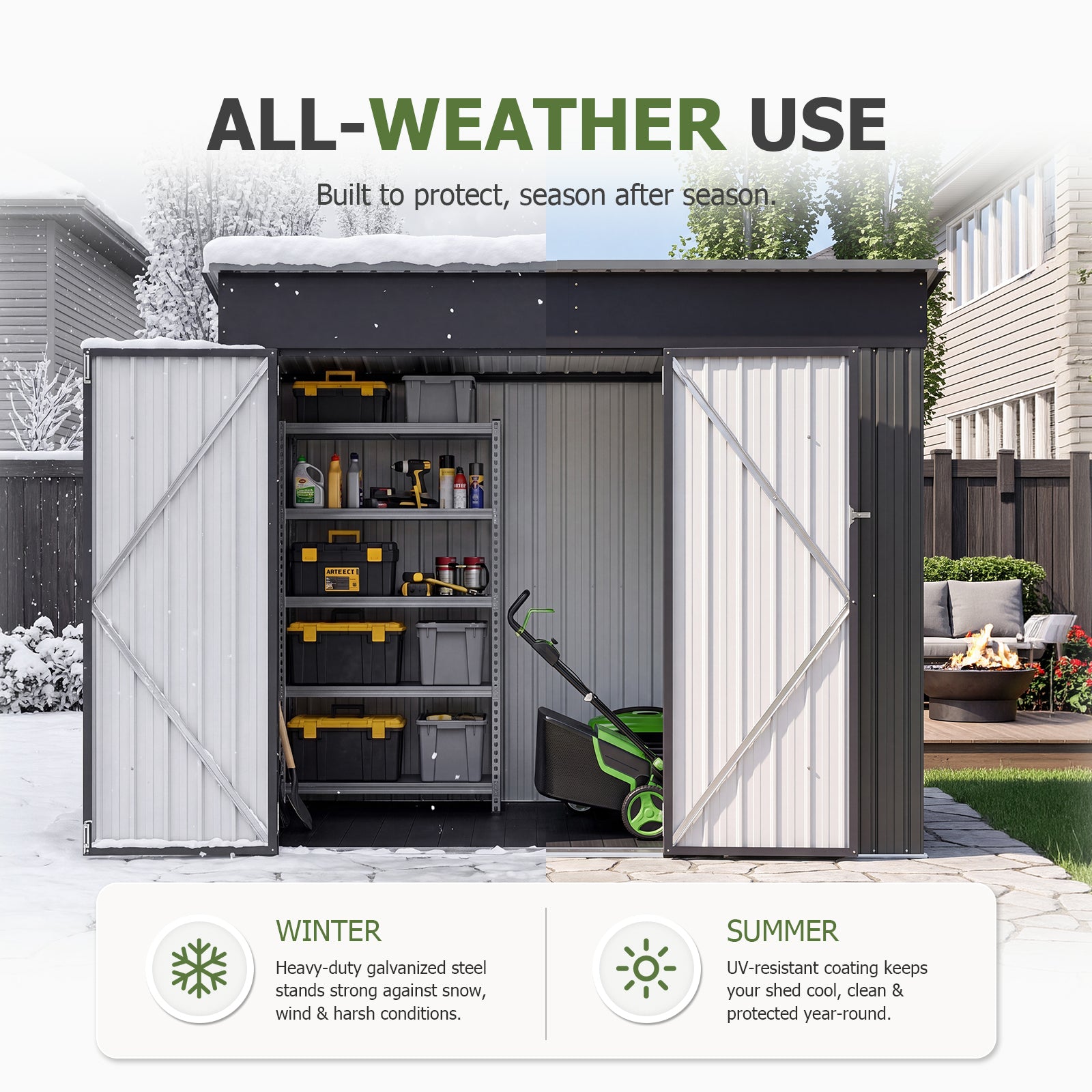 Aoxun 7.5'x4' Outdoor Storage Shed with 3 Lockable Doors & 14mm PP Floor | 7.5x4 FT Metal Garden Shed with Floor, Outdoor Storage Cabinet with Sloping Roof for Backyard, Black