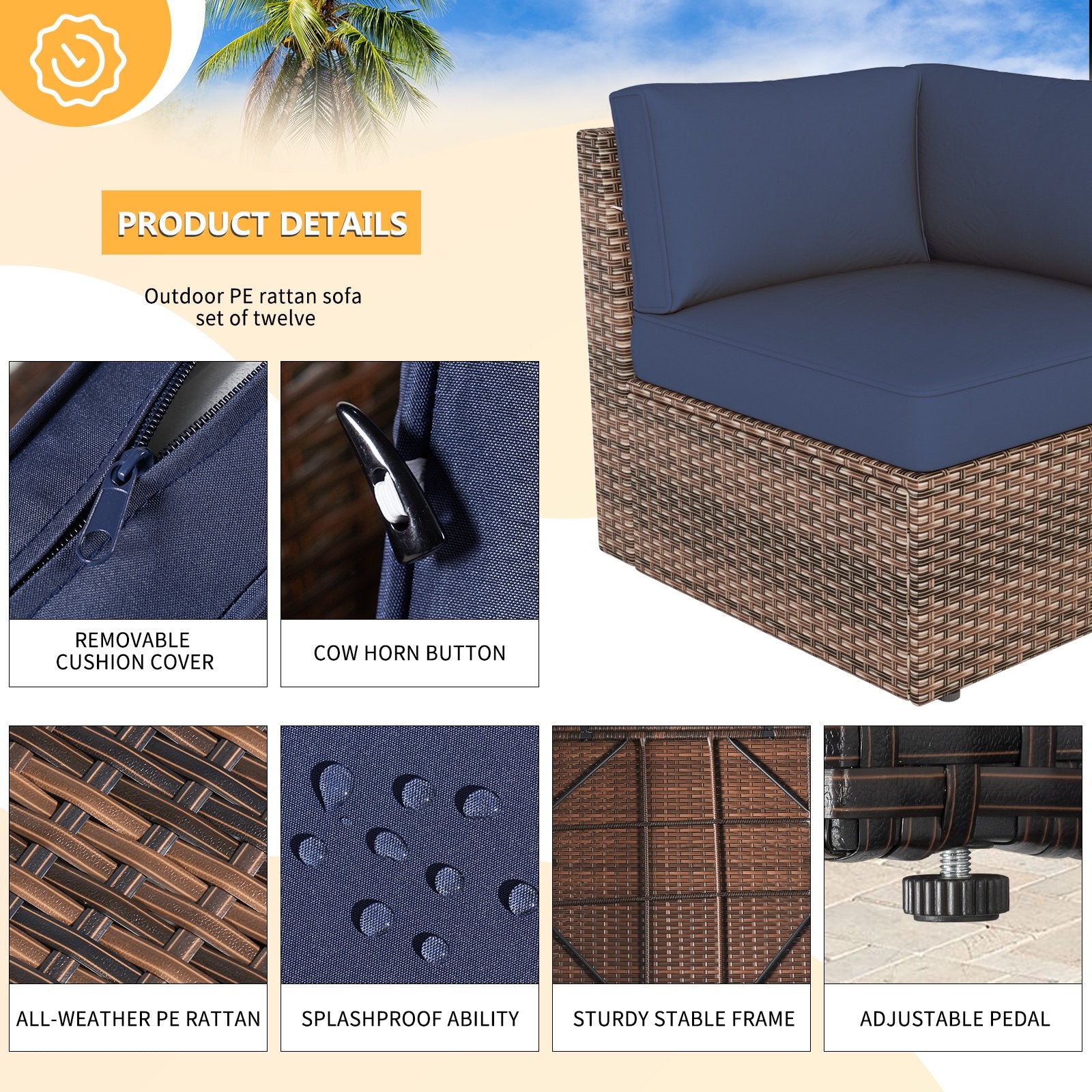 13pcs Outdoor Patio Furniture Sets with Fire Pit Table, PE Rattan Wicker Conversation Sofa Set with 2 Coffee Table for Lawn, Backyard,Balcony, Blue