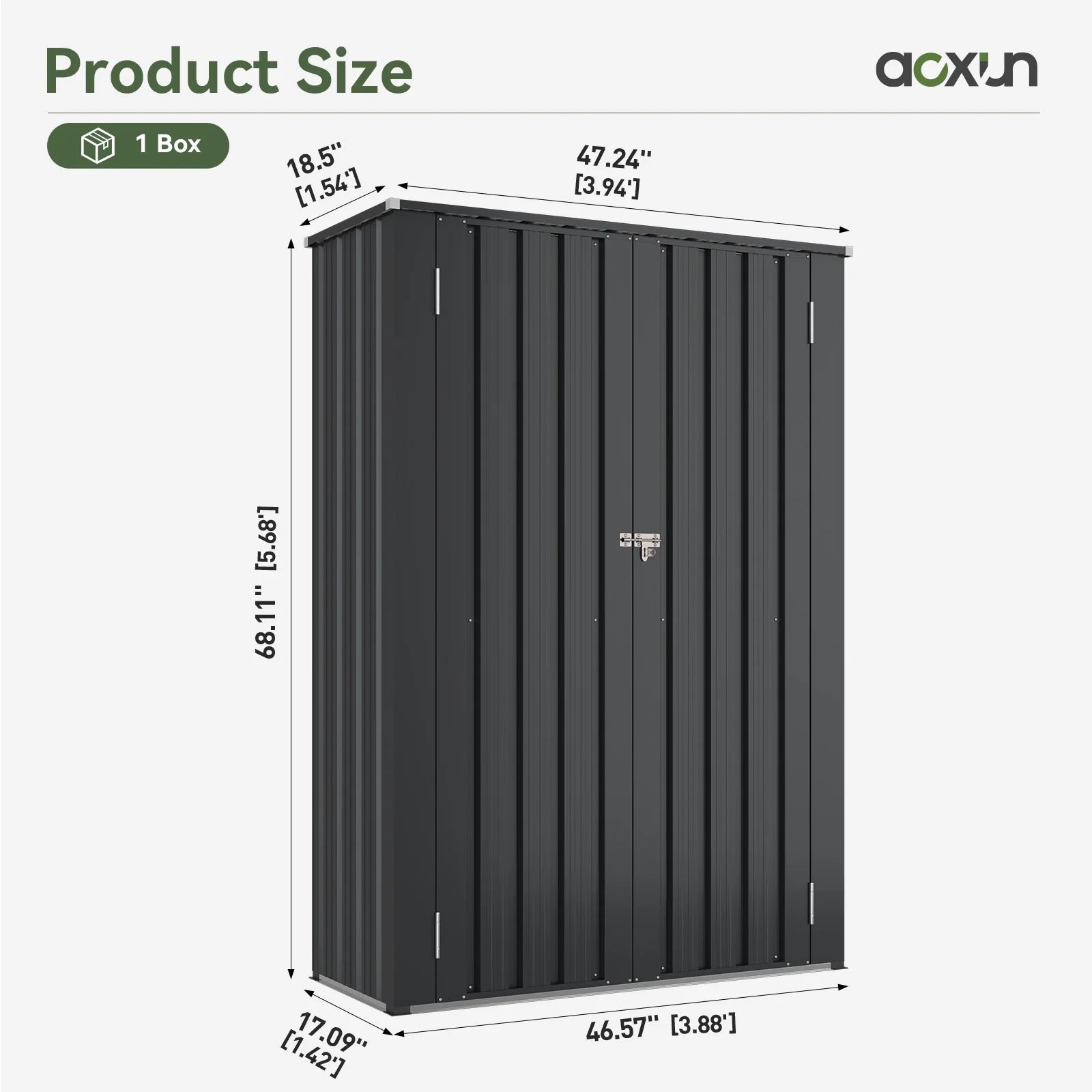 Aoxun 4x1.5 ft. Black Metal Storage Shed with 2 Shelves, Outdoor Waterproof Cabinet