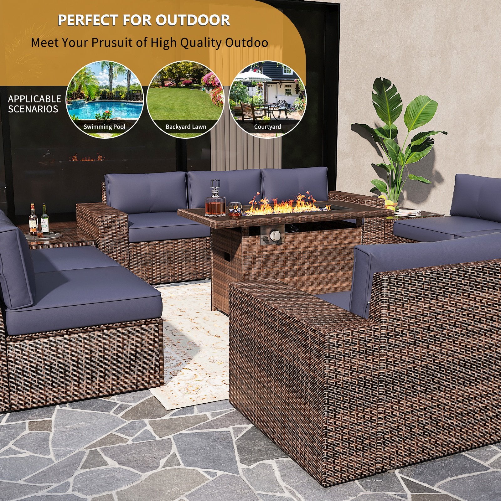13pcs Outdoor Patio Furniture Sets with Fire Pit Table, PE Rattan Wicker Conversation Sofa Set with 2 Coffee Table for Lawn, Backyard,Balcony, Blue