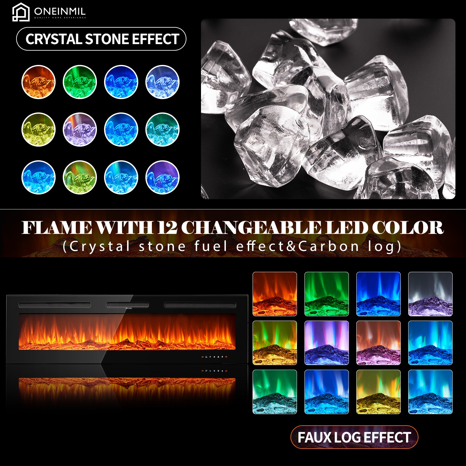 60" Electric Fireplace, Recessed Wall Mounted Electric Fireplace inserts, Ultra Thin Adjustable Flame Colors & Speed Fireplace, Fireplace with Touch Screen and Remote Control