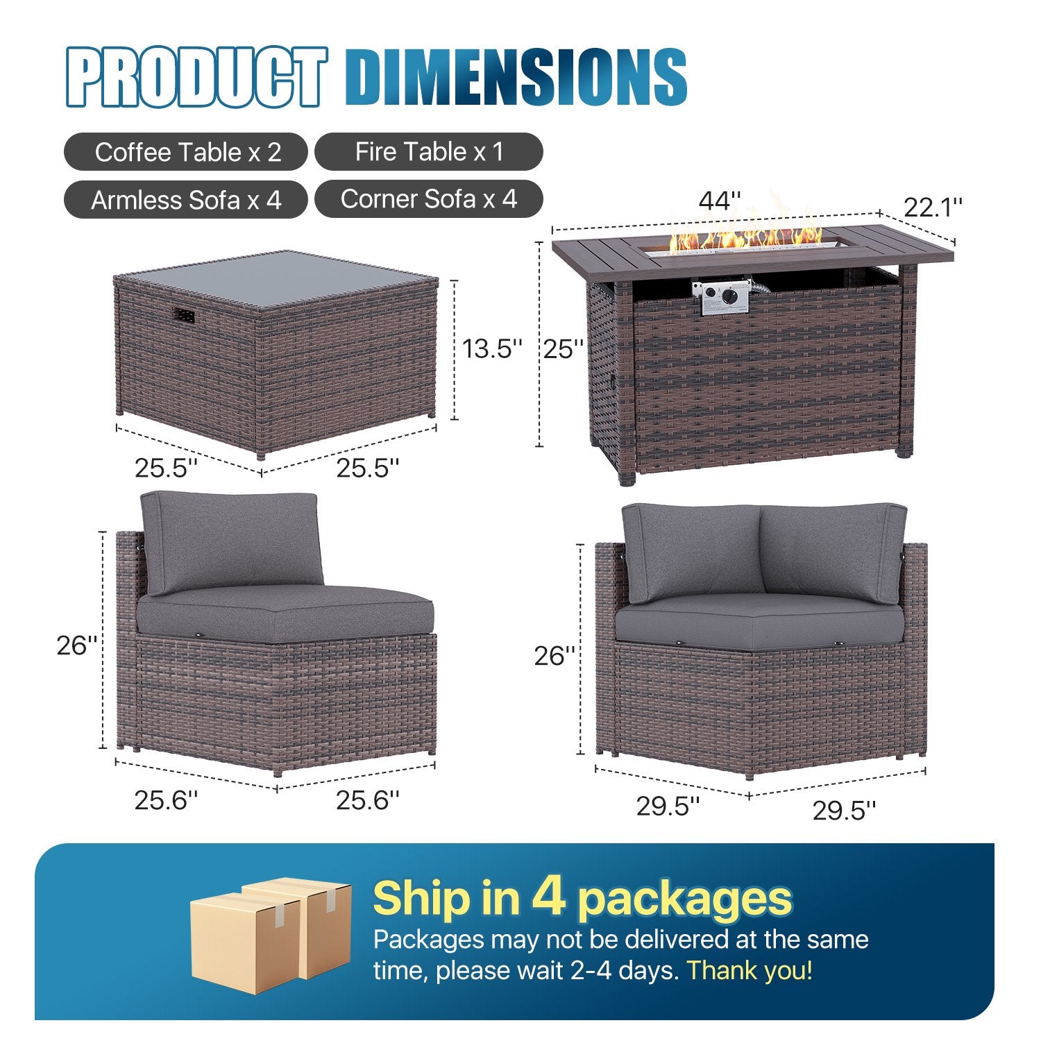 Sunmthink Patio Furniture Sets, 11-Piece Outdoor Patio Furniture with 44'' Propane Gas Firepit Table, Wicker Outdoor Conversation Set and Waterproof Cover for Backyard, Poolside, Garden