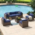 7 Piece Patio Furniture Set Wicker Rattan Patio Conversation Set Outdoor Sectional Sofa Set with Coffee Table and 4” Thickened Cushions, Blue(Waterproof Cover Included)