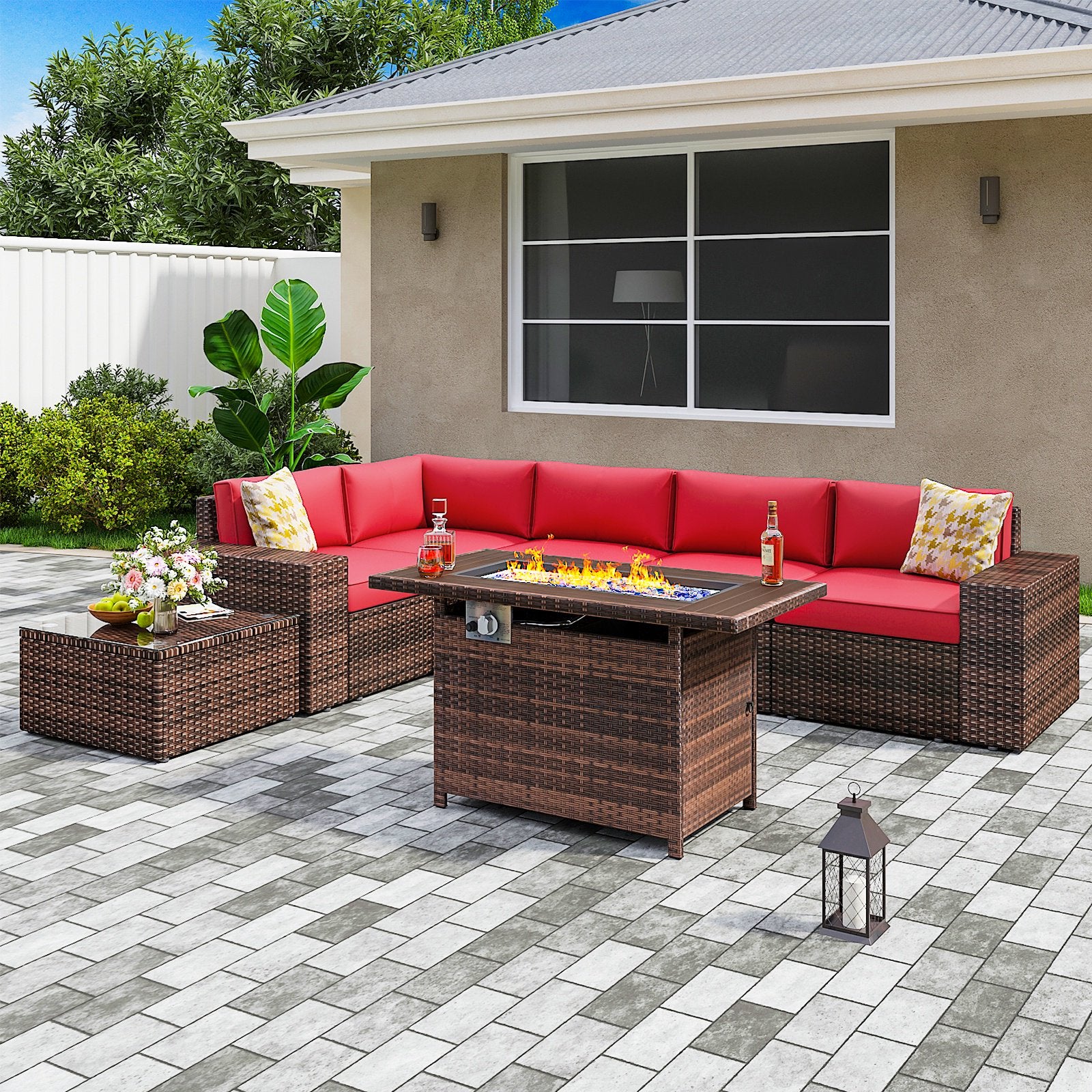7 Pieces Outdoor Patio Furniture Sets with 44'' Fire Pit Table, PE Rattan Wicker Sectional Sofa with Coffee Table for Lawn, Backyard,Balcony, Red