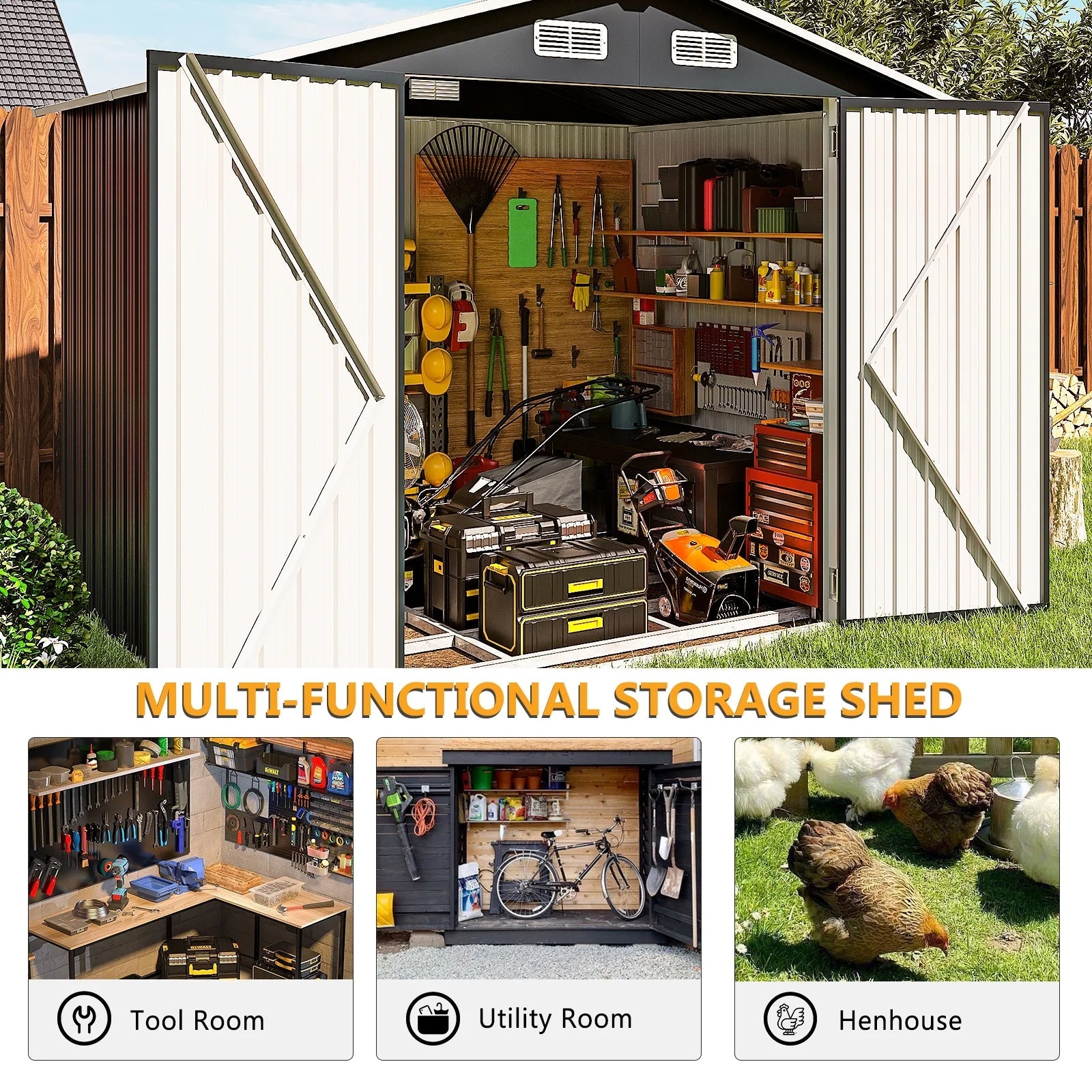 8’x 6’ Outdoor Storage Shed with Base Frame, Metal Garden Tool Shed with Lockable Door, Galvanized Steel Shed for Backyard, Lawn and Patio, Black