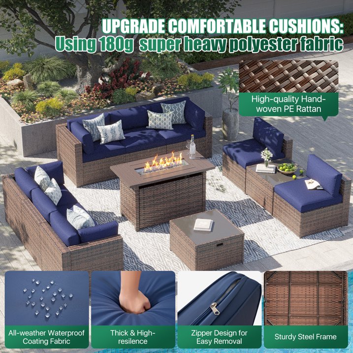 Clouddwell 11 Piece Patio Furniture Set with 44” Fire Pit Table Wicker Rattan Patio Conversation Set Outdoor Sectional Sofa Set with Coffee Table and Blue Cushions(Waterproof Cover Included)