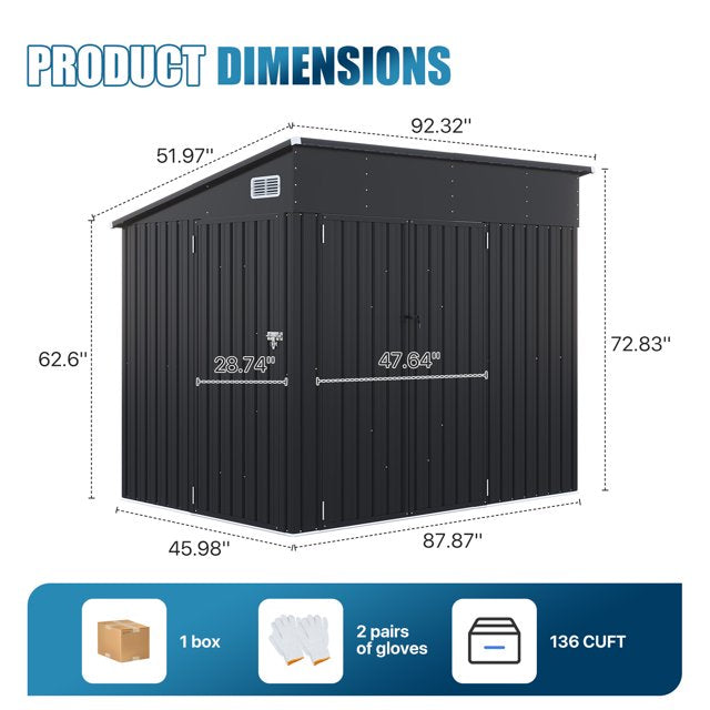 Sunmthink 8' x 4' Metal Storage Shed with Triple Doors, Lockable Lean-to Design & Vents, Black