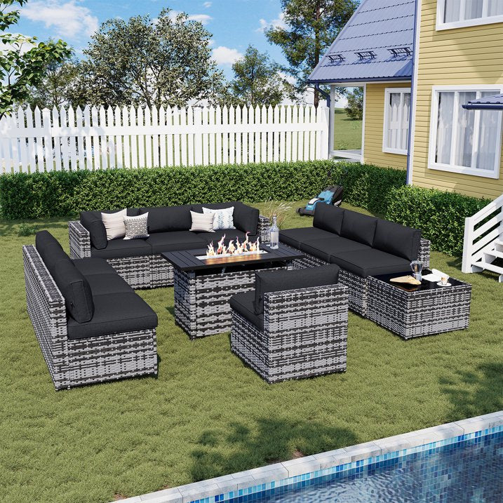 Sunmthink Patio Furniture Sets, 12-Piece Outdoor Patio Furniture with 44'' Propane Gas Firepit Table, Wicker Outdoor Conversation Set and Waterproof Cover for Backyard, Poolside, Garden