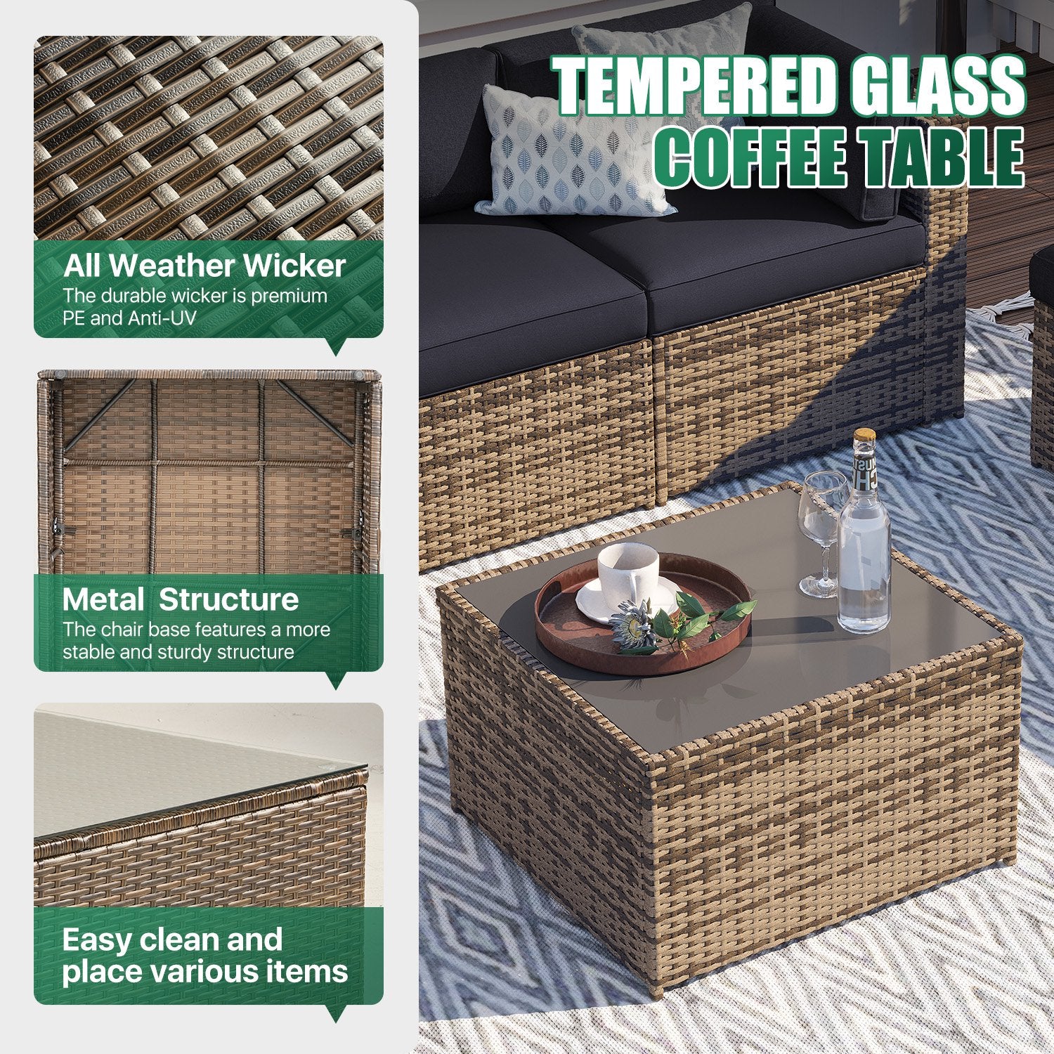 Clouddwell 10 Piece Patio Furniture Set Wicker Rattan Patio Conversation Set Outdoor Sectional Sofa Set with Coffee Table and Black Cushions(Waterproof Cover Included)