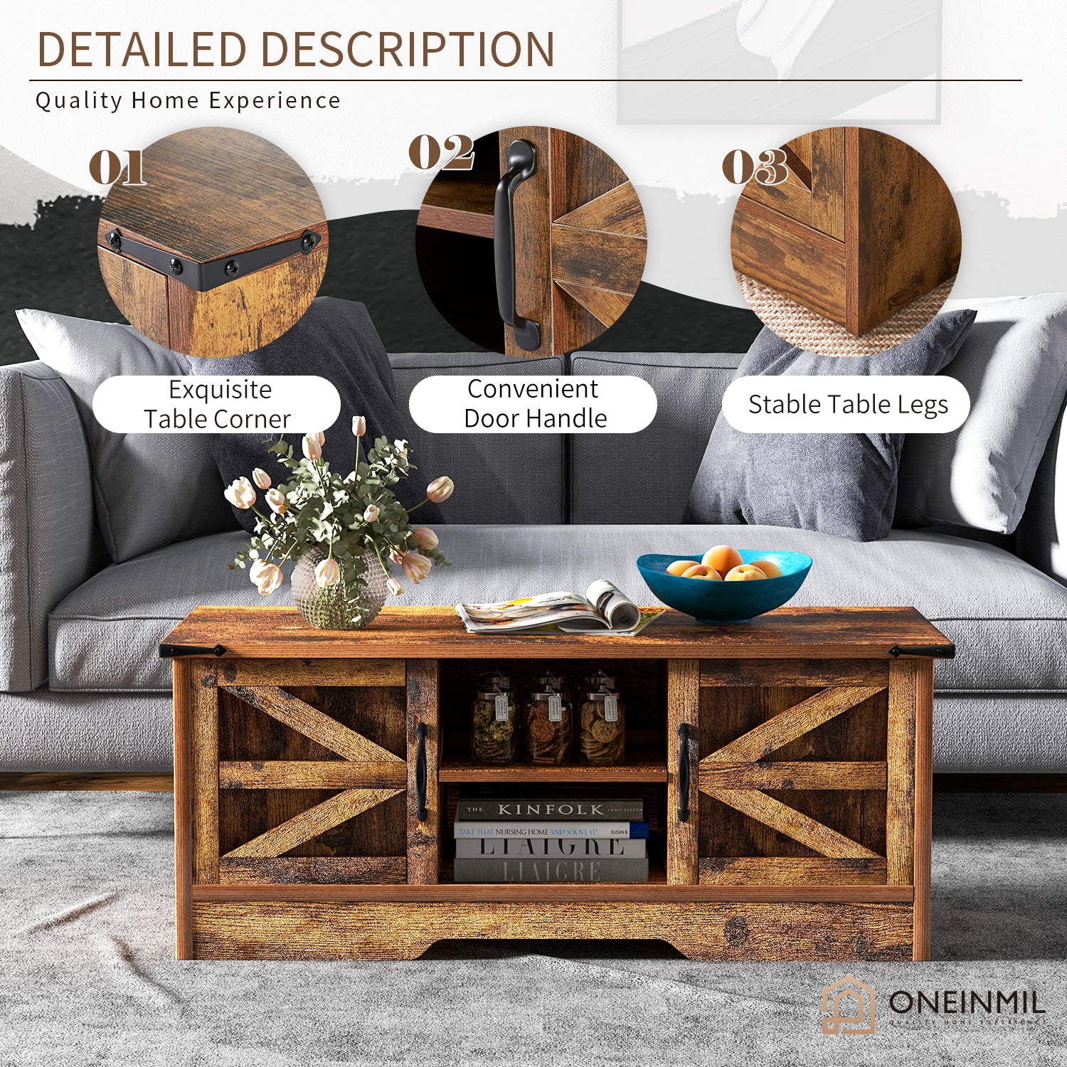 2-Piece Farmhouse Table Set Includes 58" Sliding Barn Door TV Stand and 39" Coffee Table with Large Capacity Space, Retro Brown Tables for Living Room, Bedroom(Brown)