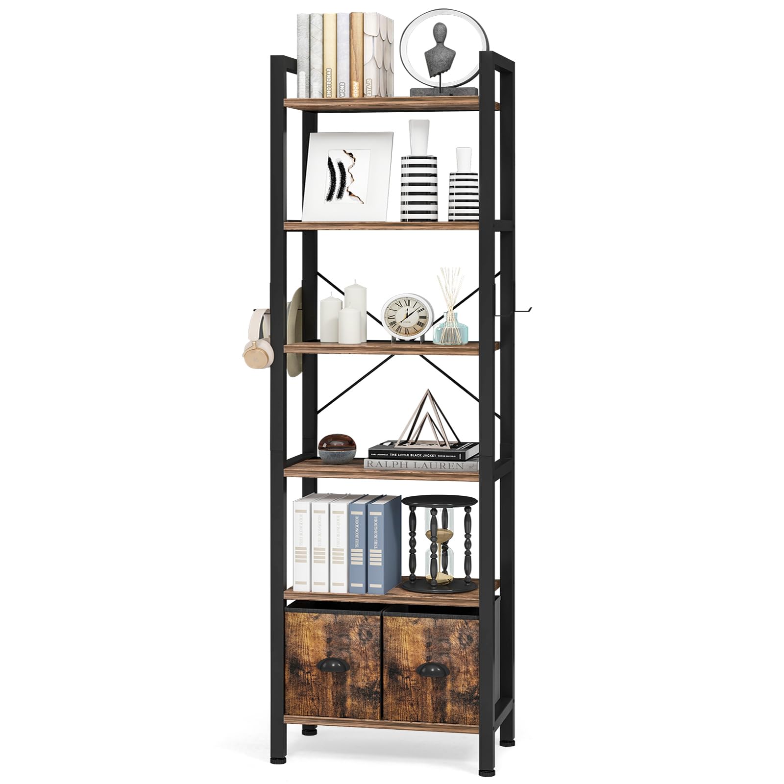 6 Shelf Bookcase with 2 Drawers, 71" Rustic Brown Bookshef for Living Room and Home Office