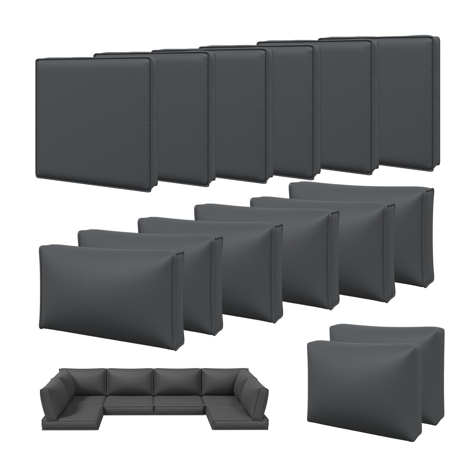 Aoxun 14pcs Patio Cushion Covers Replacement, Waterproof Outdoor Furniture Cushion Covers with Zipper and Non-Slip Bottom, Patio Sofa Couch 3 Sizes for Patio Sectional, Covers Only (Grey)